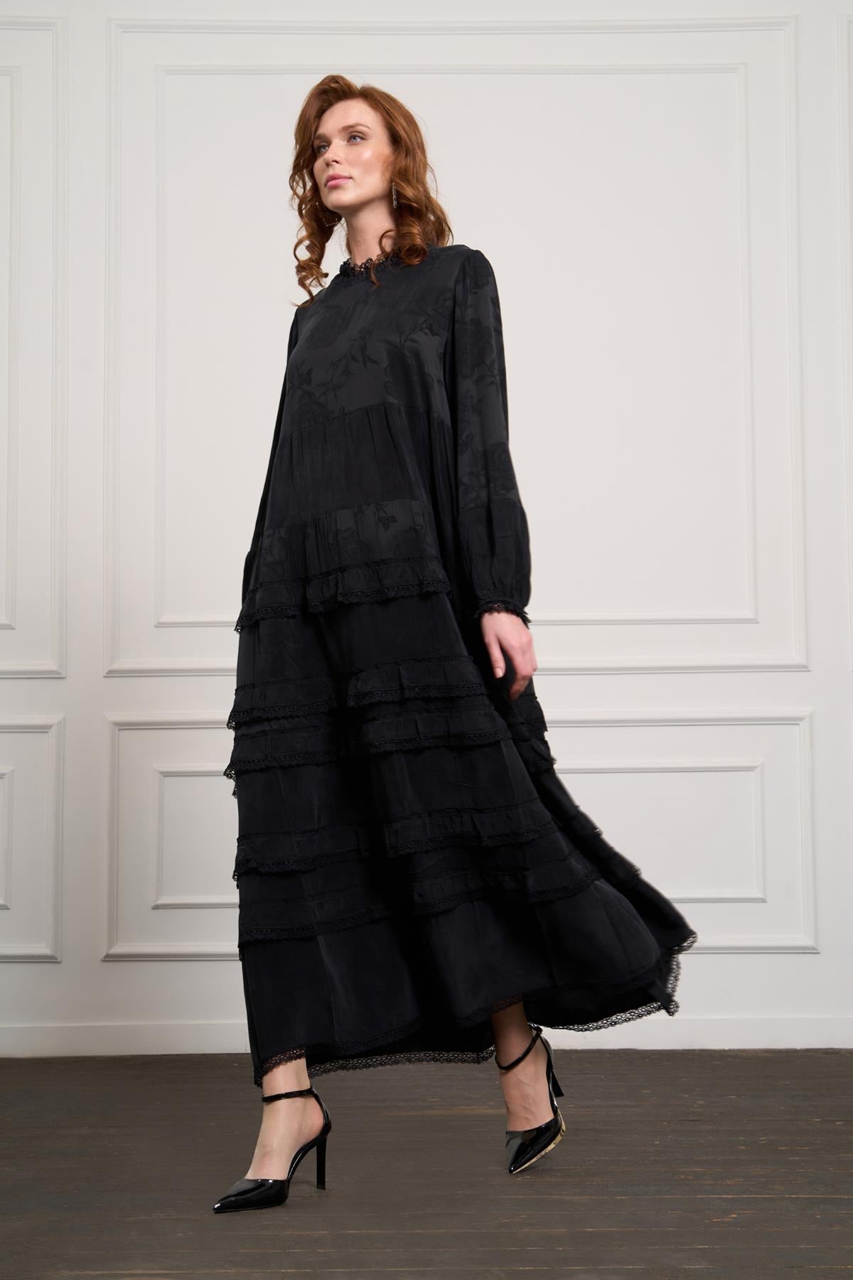 Belt Detailed Patterned and Lace Cupro Dress