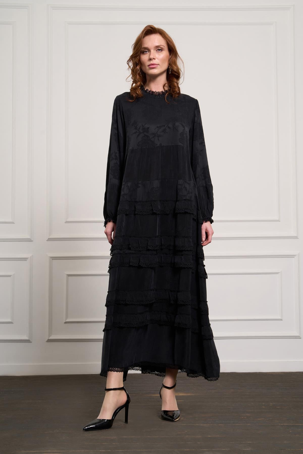Belt Detailed Patterned and Lace Cupro Dress
