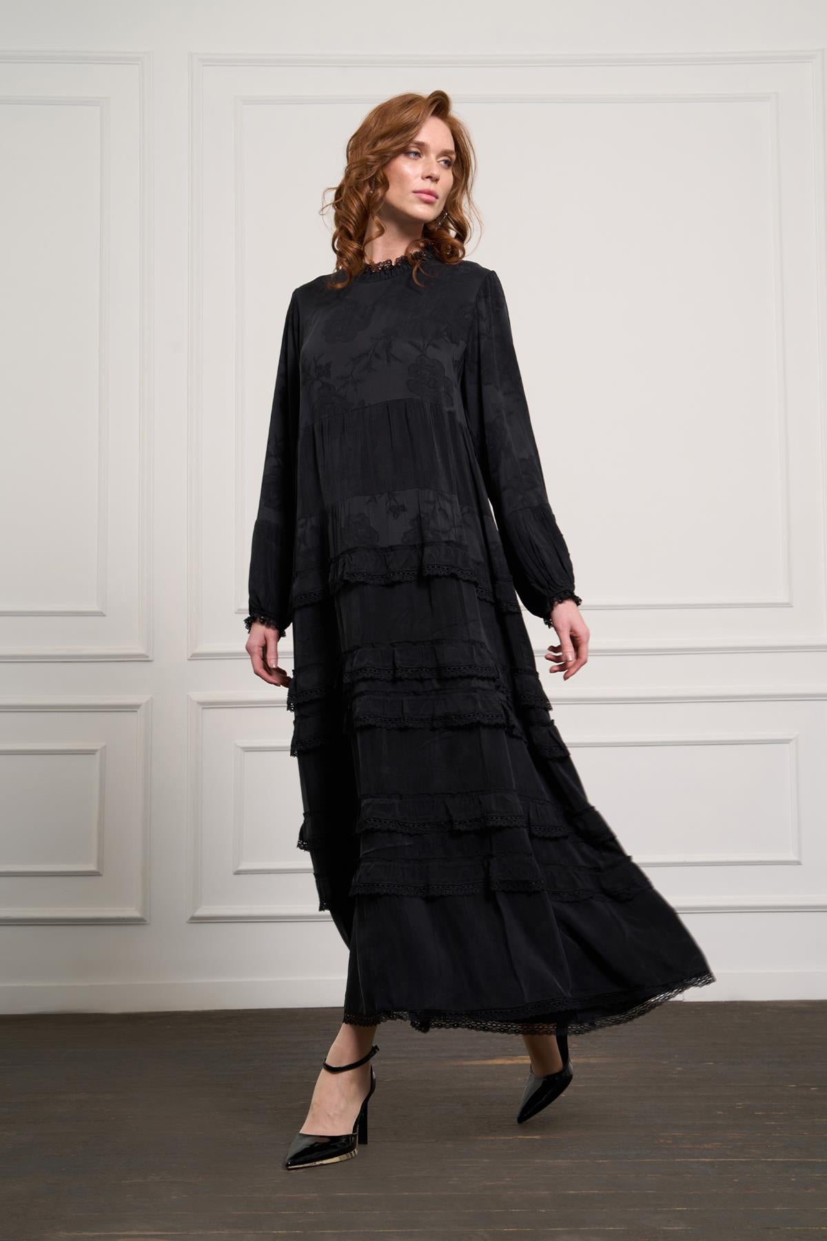 Belt Detailed Patterned and Lace Cupro Dress
