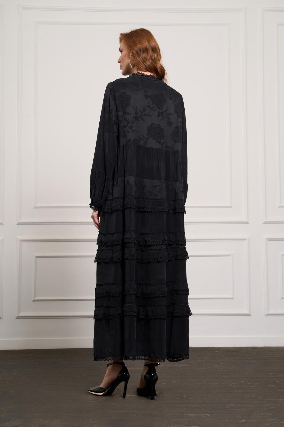 Belt Detailed Patterned and Lace Cupro Dress