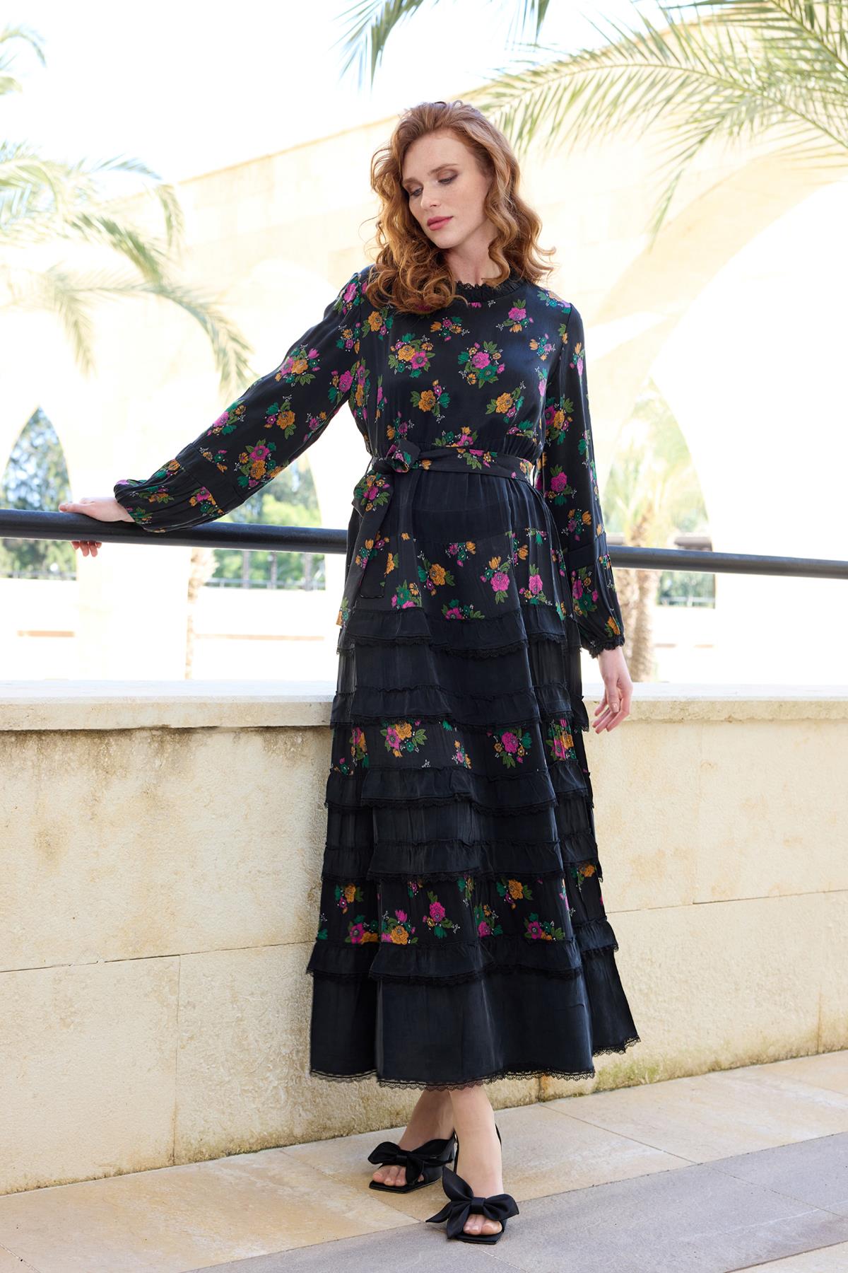 Belt Detailed Patterned and Lace Cupro Dress