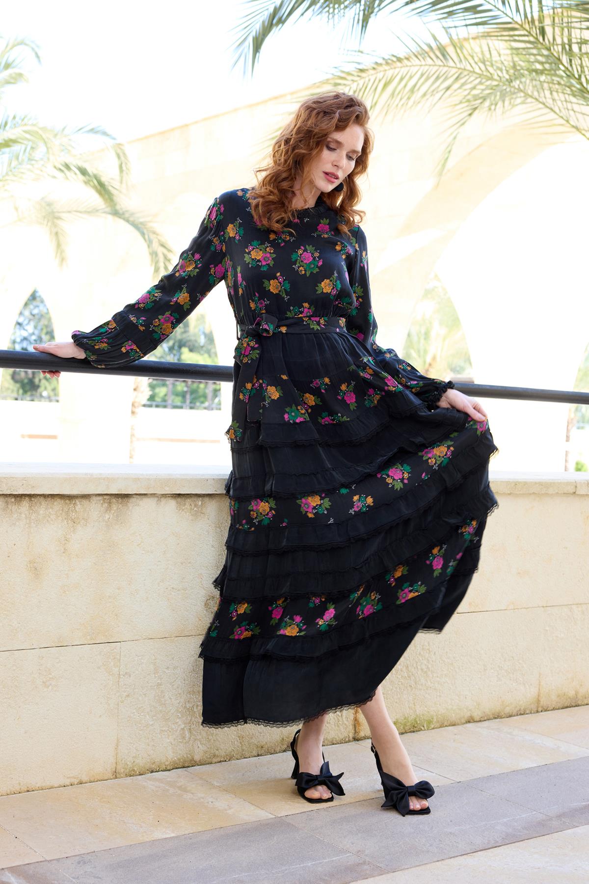 Belt Detailed Patterned and Lace Cupro Dress