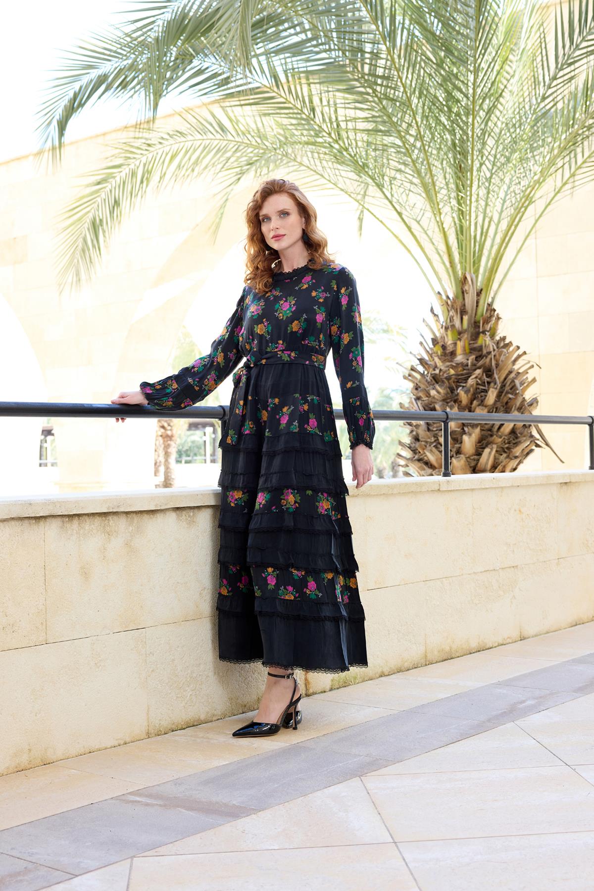 Belt Detailed Patterned and Lace Cupro Dress