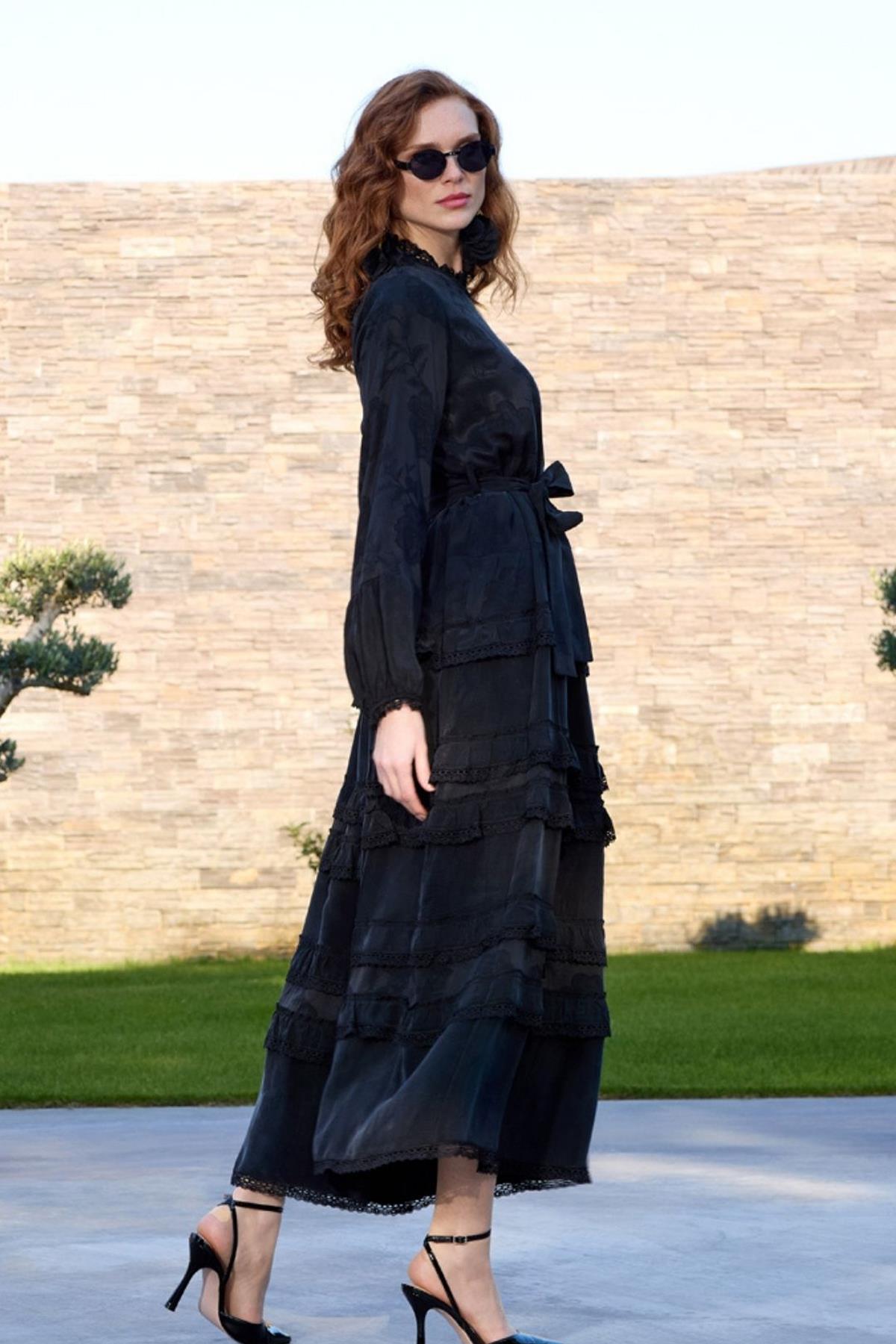 Belt Detailed Patterned and Lace Cupro Dress