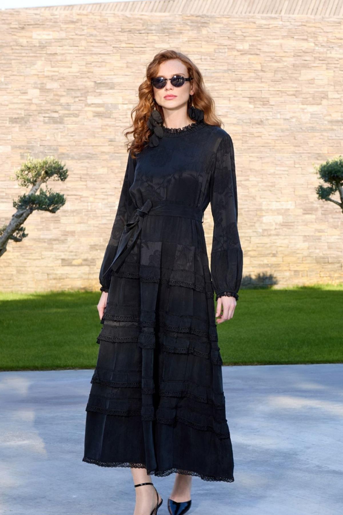 Belt Detailed Patterned and Lace Cupro Dress