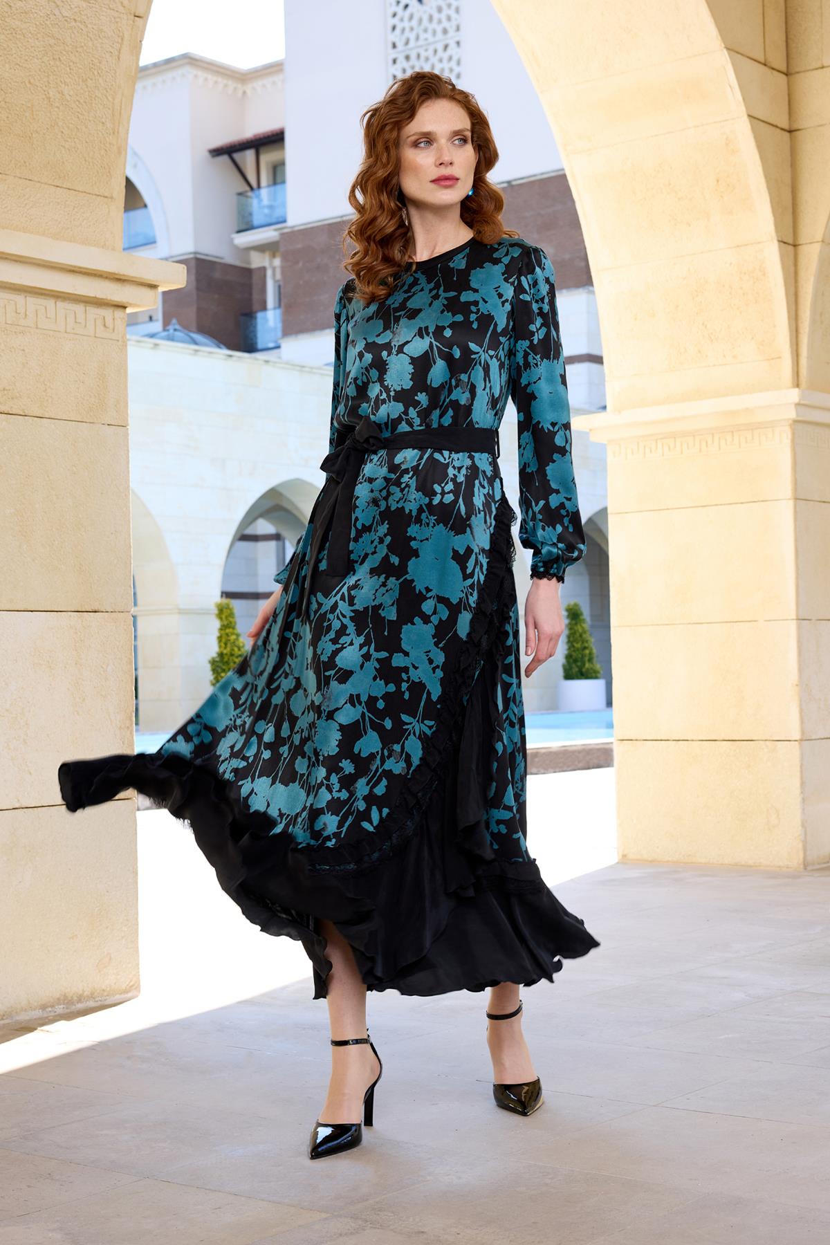 Patterned Side Ruffle Detailed Cupro Dress