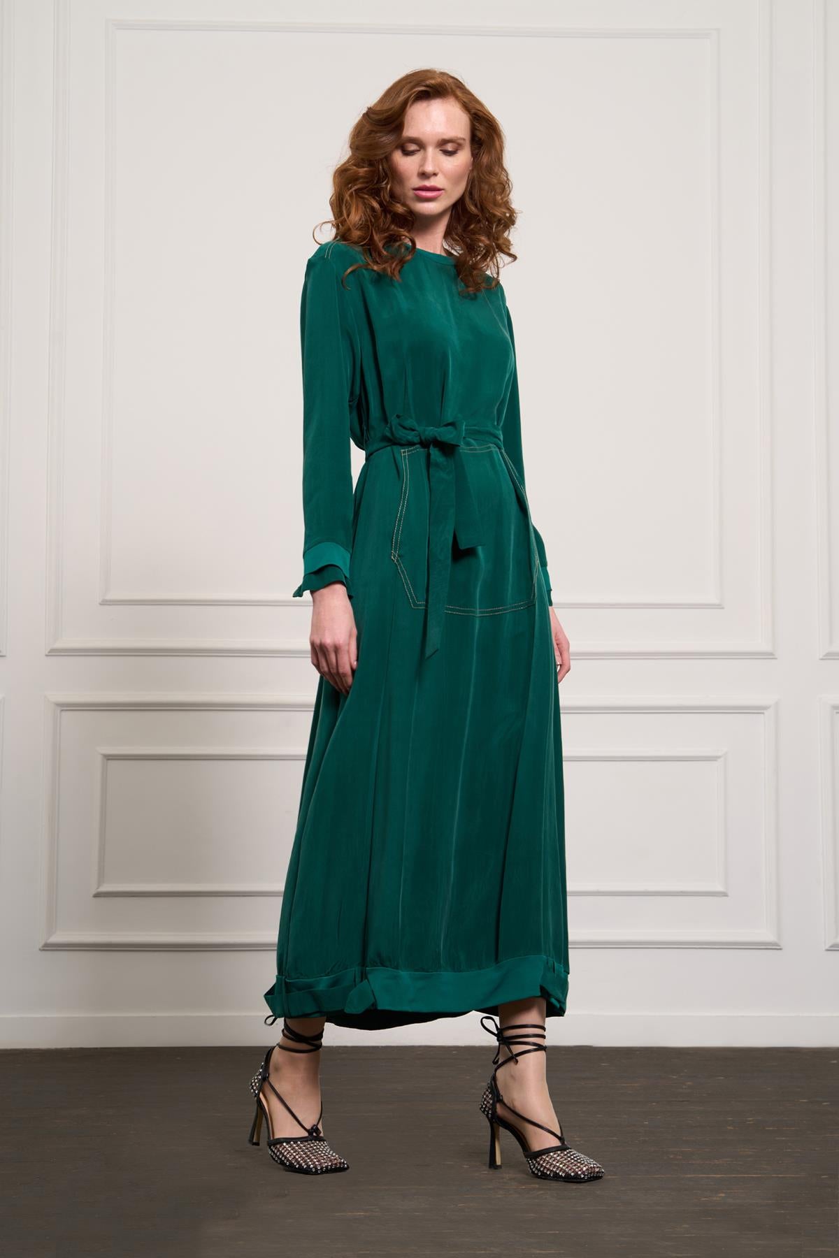 Cupro Dress with Front Pocket and Zipper Detail