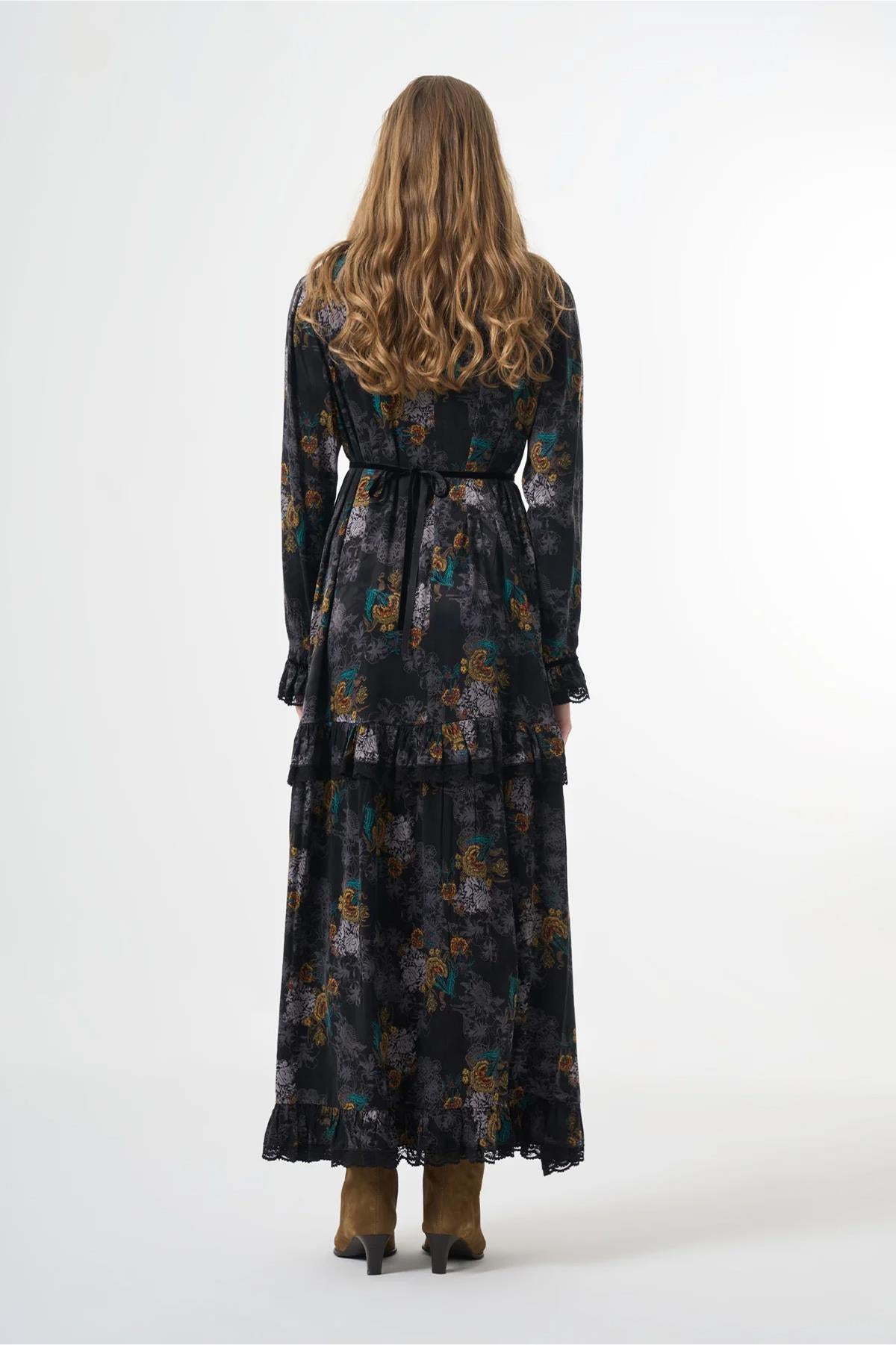 Jacquard Cupro Dress with Lace Collar