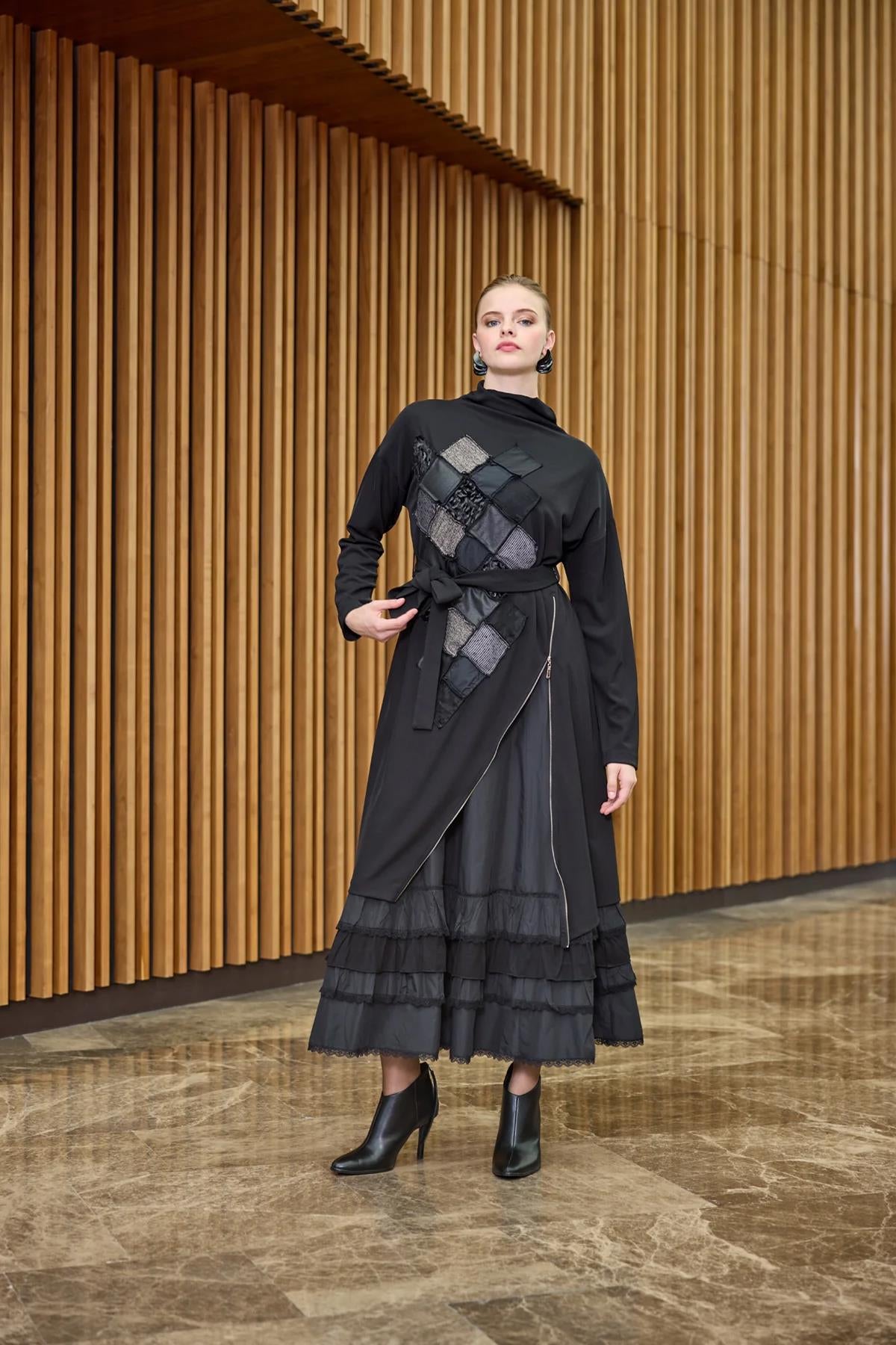 Zipper Detailed Patchwork Double Dress