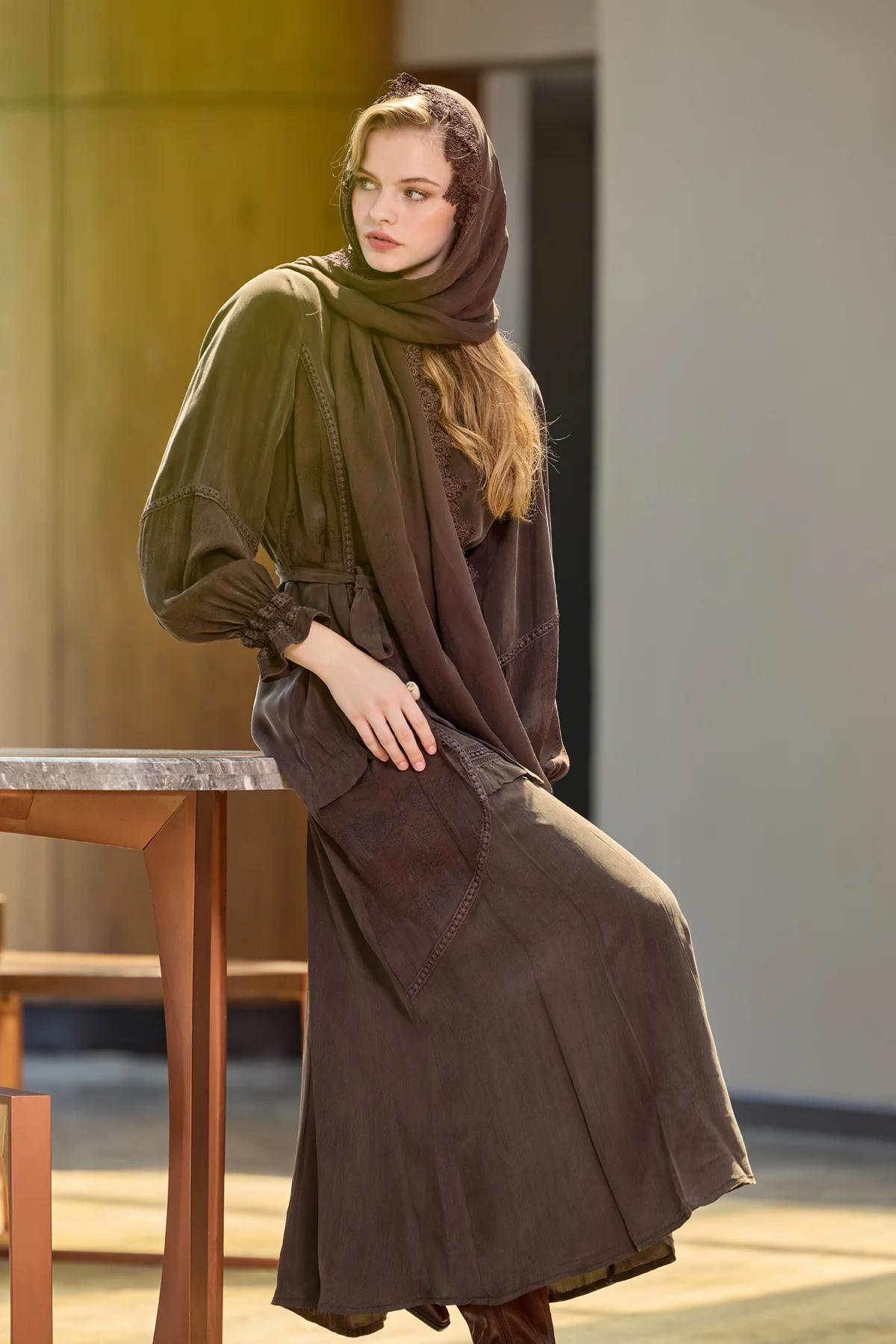 Lace Detailed Belted Shawl Cupro Dress