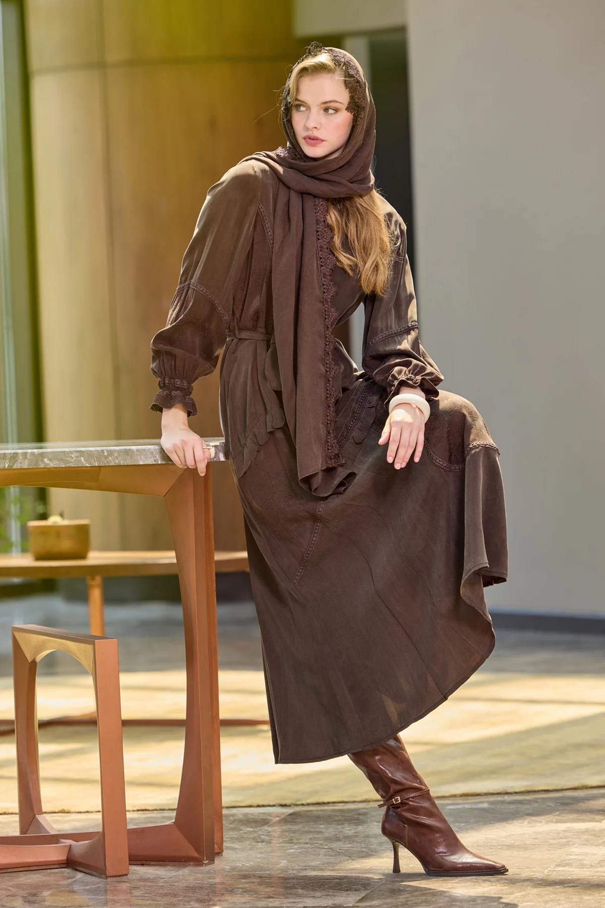 Lace Detailed Belted Shawl Cupro Dress