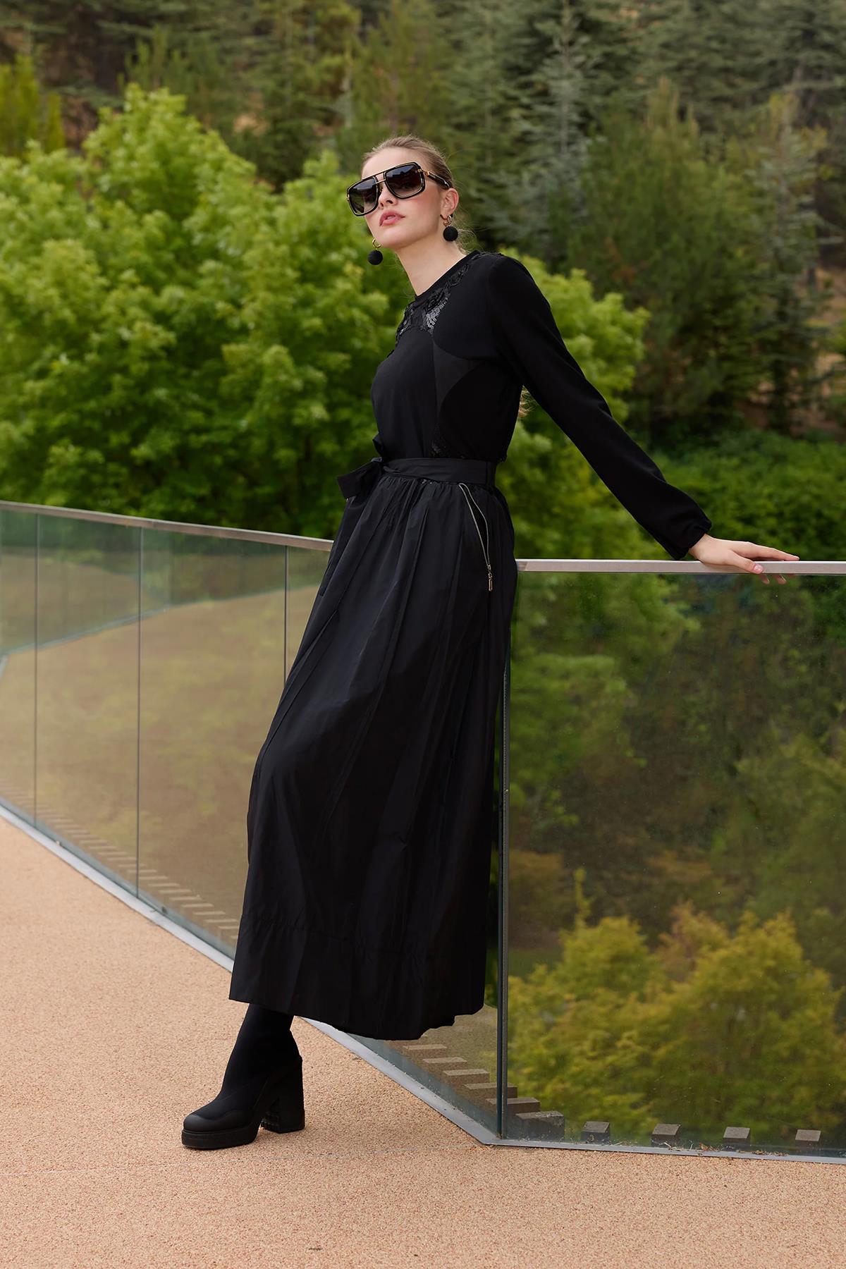 Embroidered Detailed Long Dress with Waist Tie