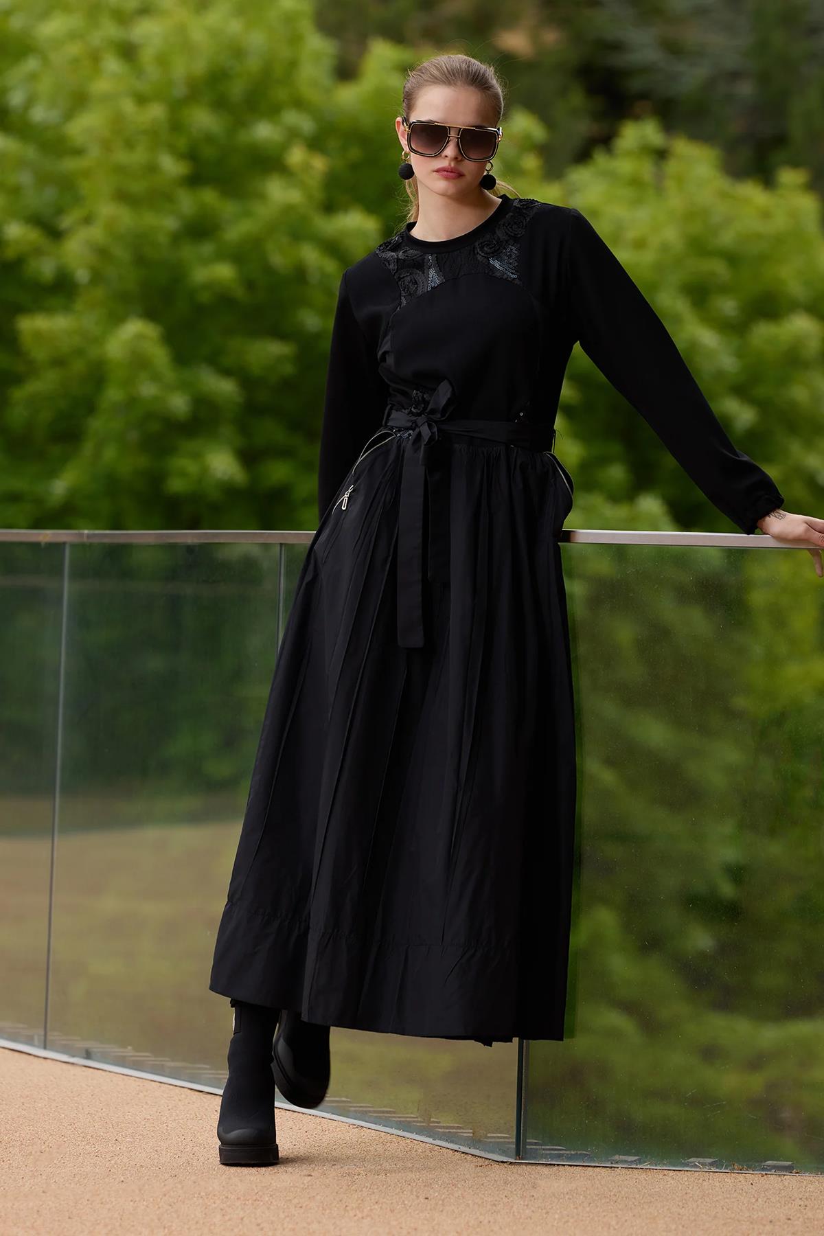 Embroidered Detailed Long Dress with Waist Tie