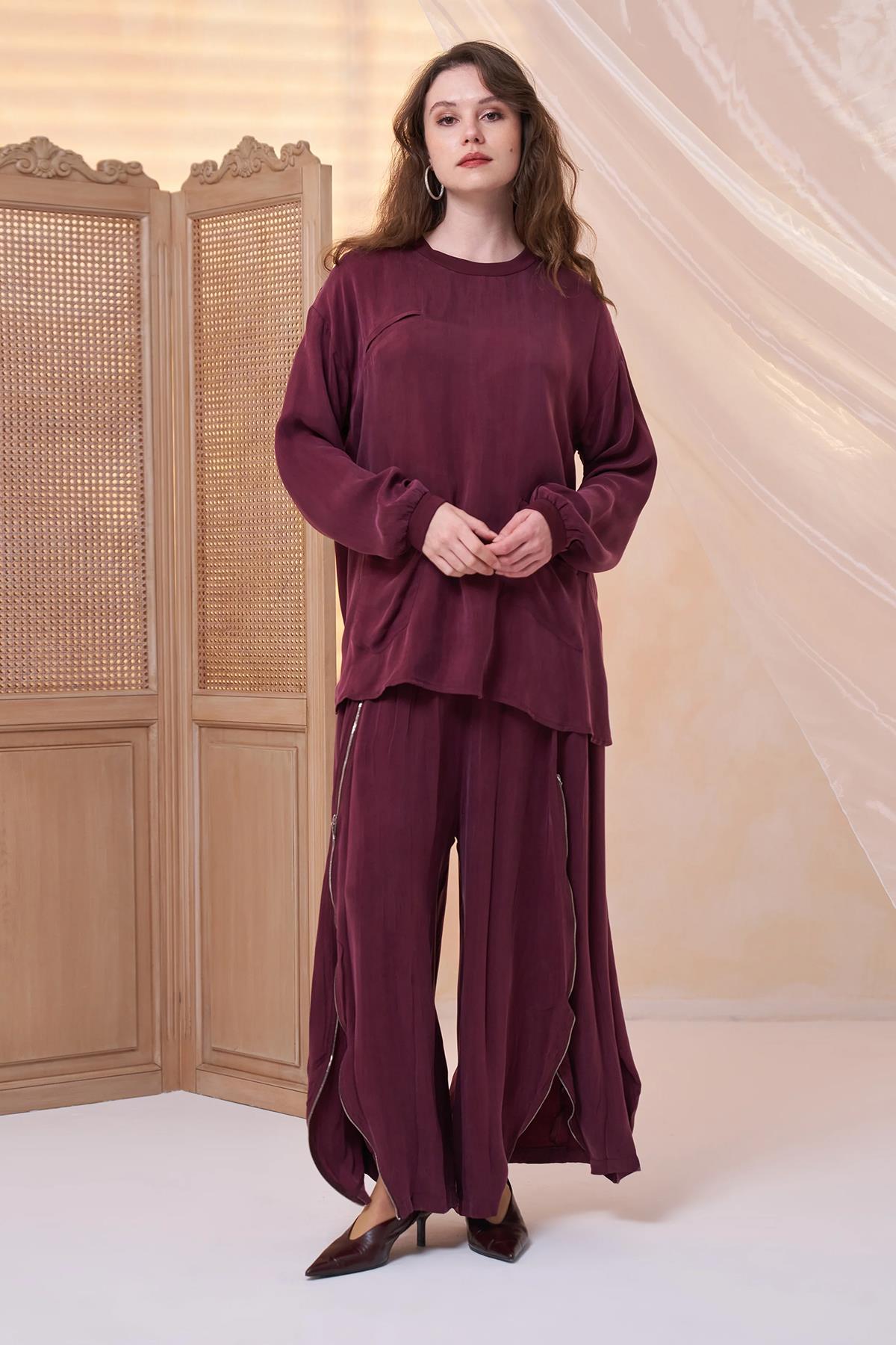 Cepli Tunik Fermuar Detaylı Pantolon Cupro Takım