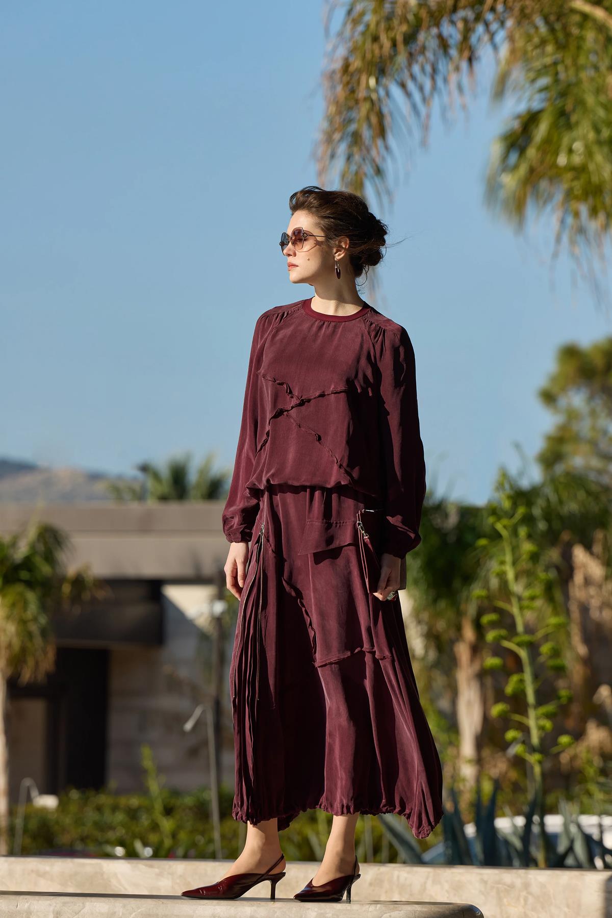 Dikiş Detaylı Tunik Etek Yan Fermuar Cupro Takım