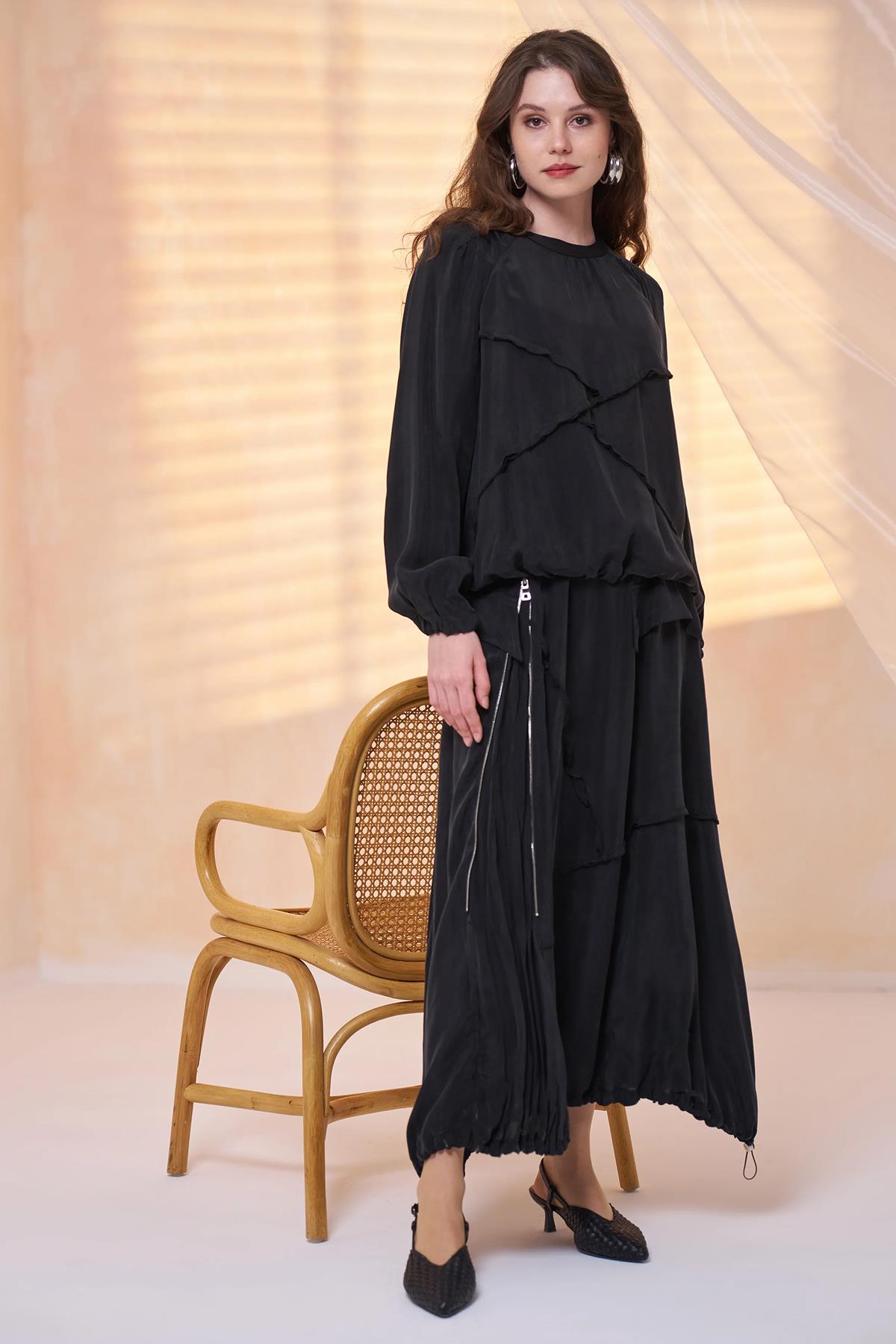 Dikiş Detaylı Tunik Etek Yan Fermuar Cupro Takım