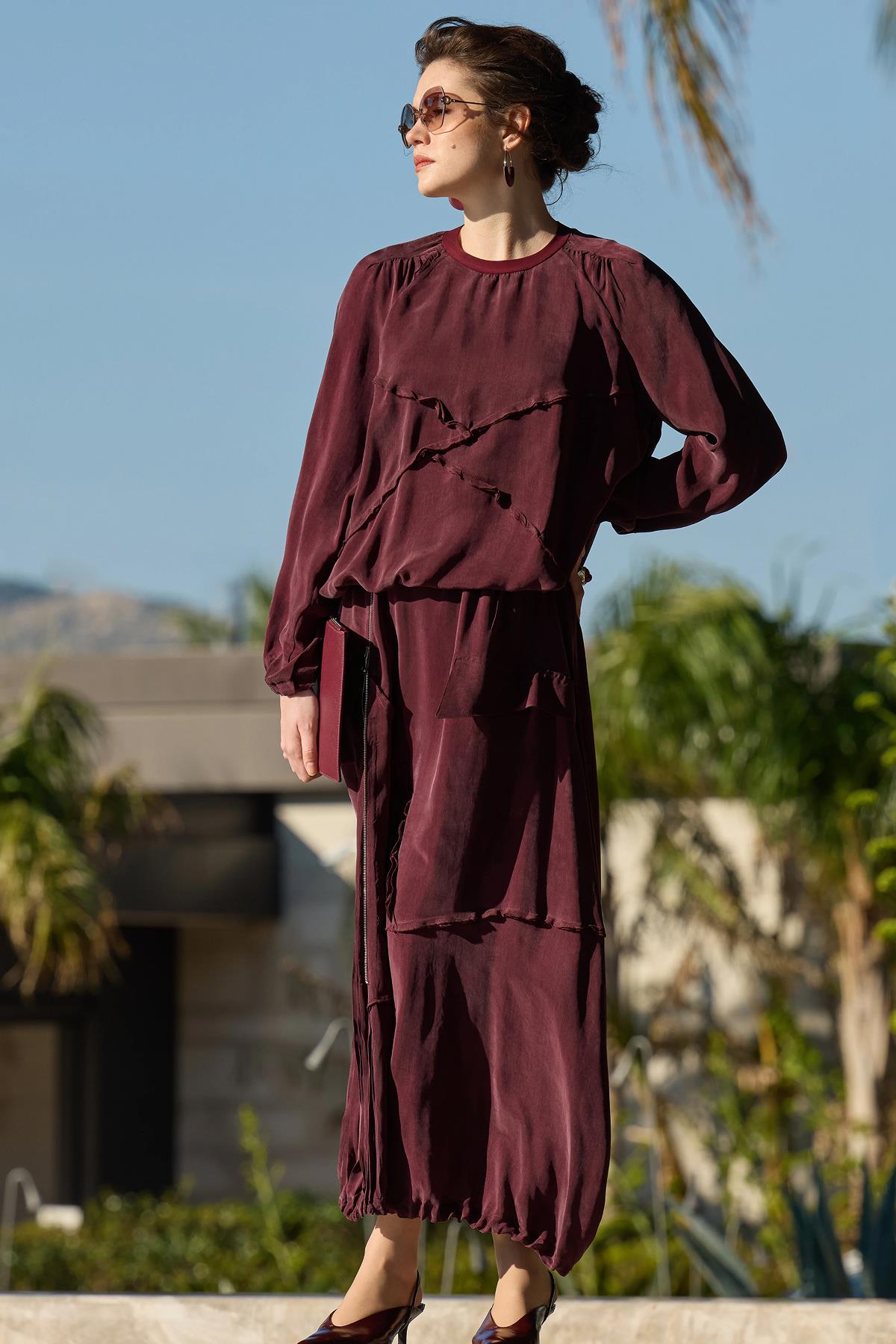 Dikiş Detaylı Tunik Etek Yan Fermuar Cupro Takım