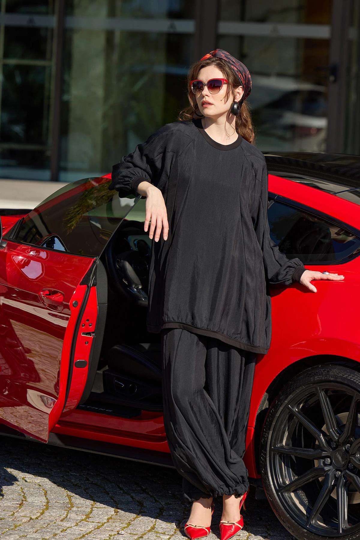 طقم بنطلون شروال تونيك بياقة مستديرة من الكوبرو