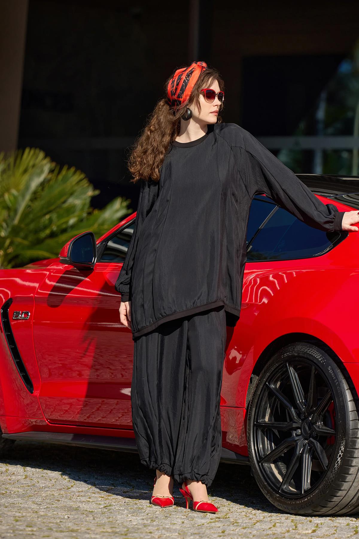 طقم بنطلون شروال تونيك بياقة مستديرة من الكوبرو