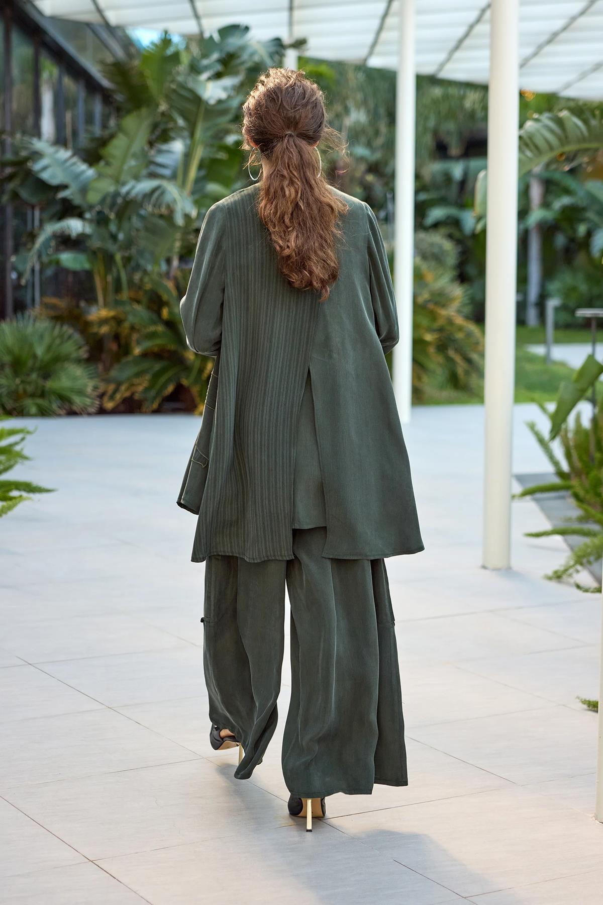 Fermuarlı Ceket Tunik Pantolon Cupro Takım