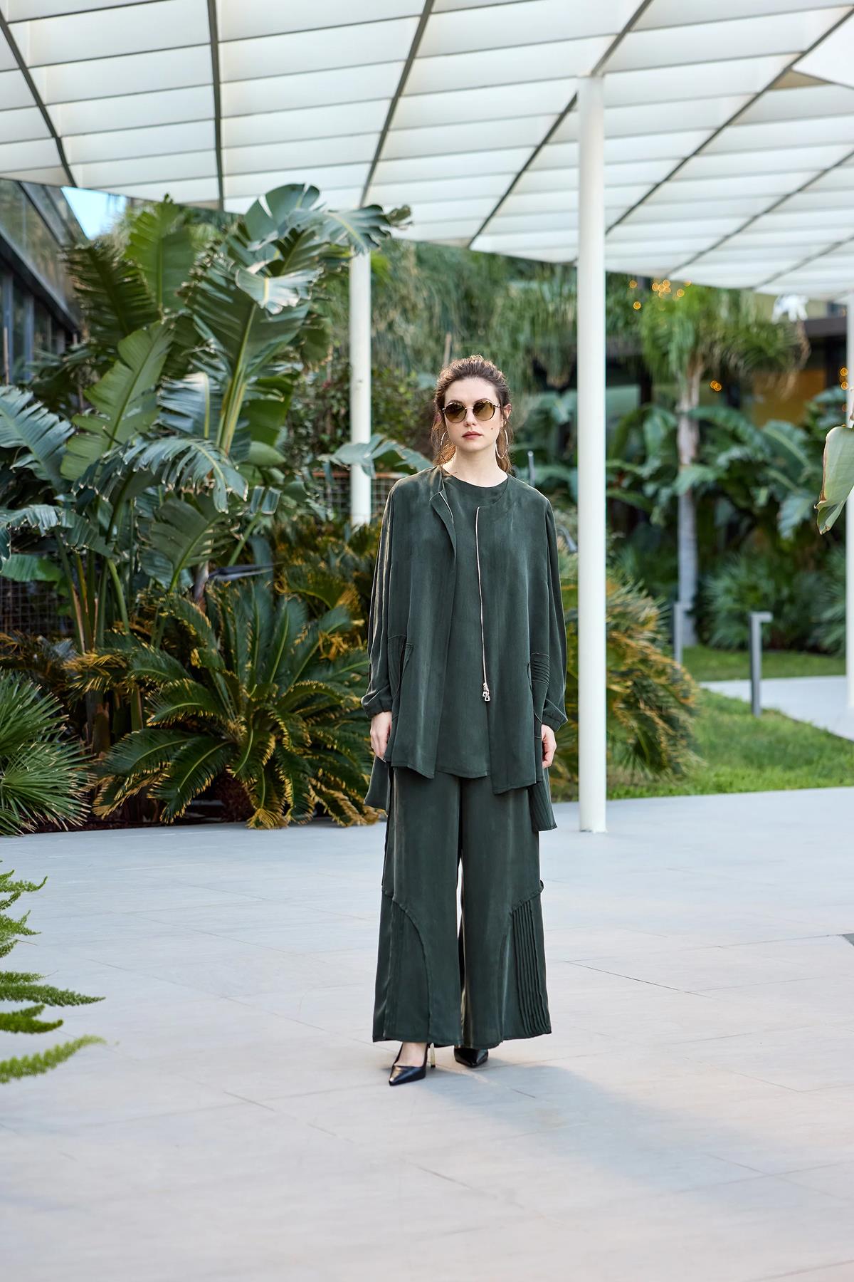 Fermuarlı Ceket Tunik Pantolon Cupro Takım