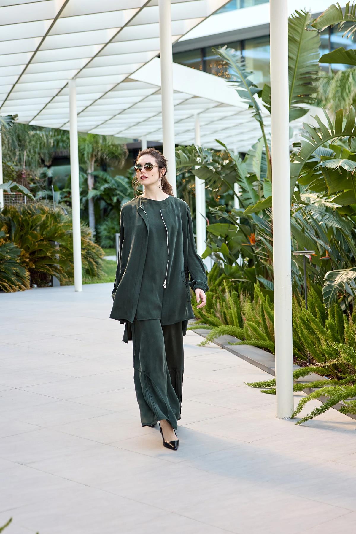 Fermuarlı Ceket Tunik Pantolon Cupro Takım