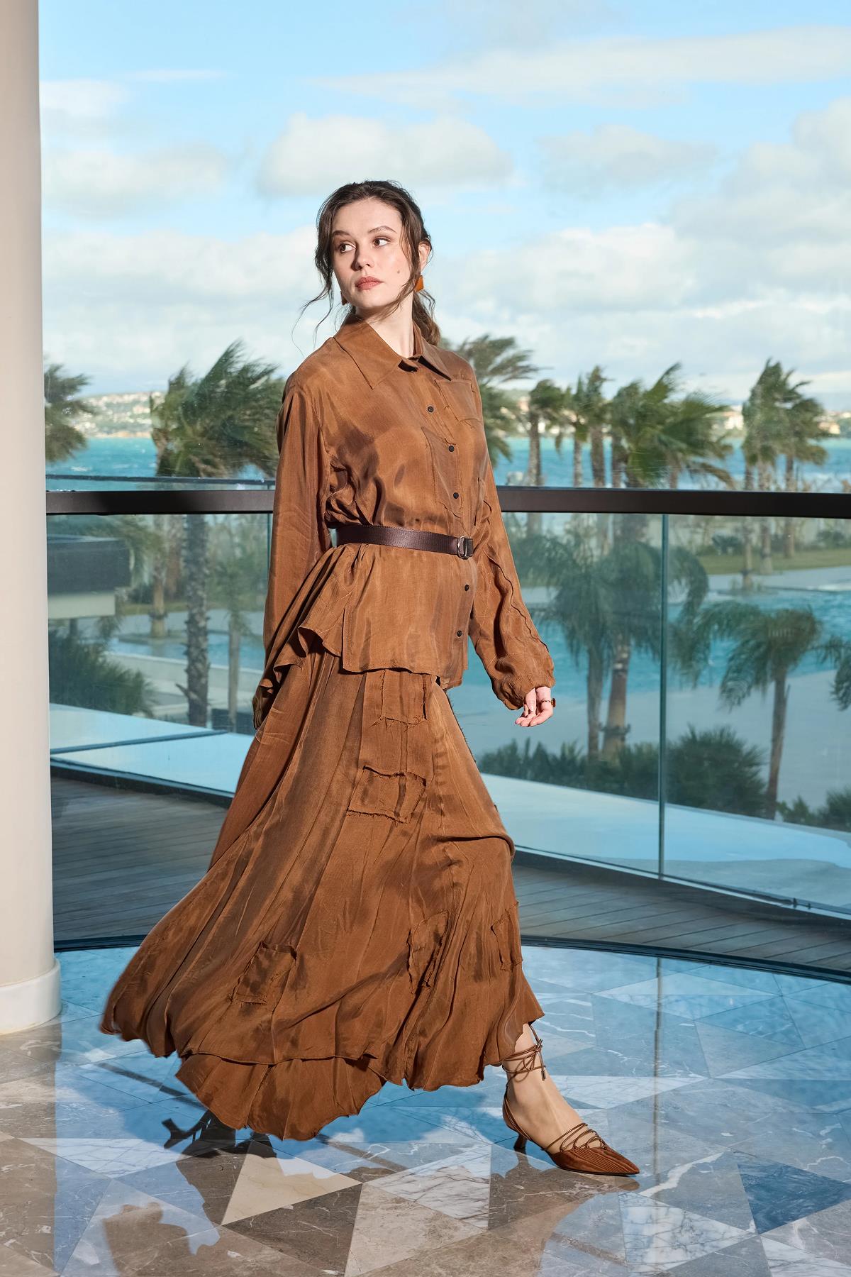 Düğmeli Gömlek Yama Detaylı Etek Cupro Takım