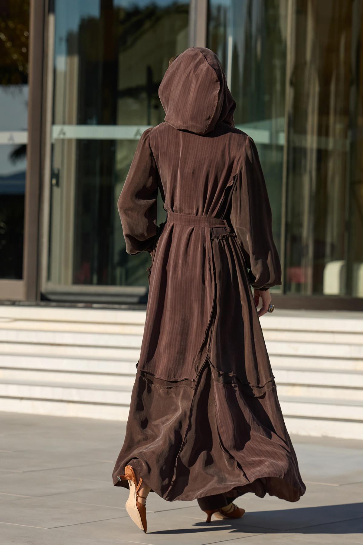 Striped Abaya with Front Zipper and Hood