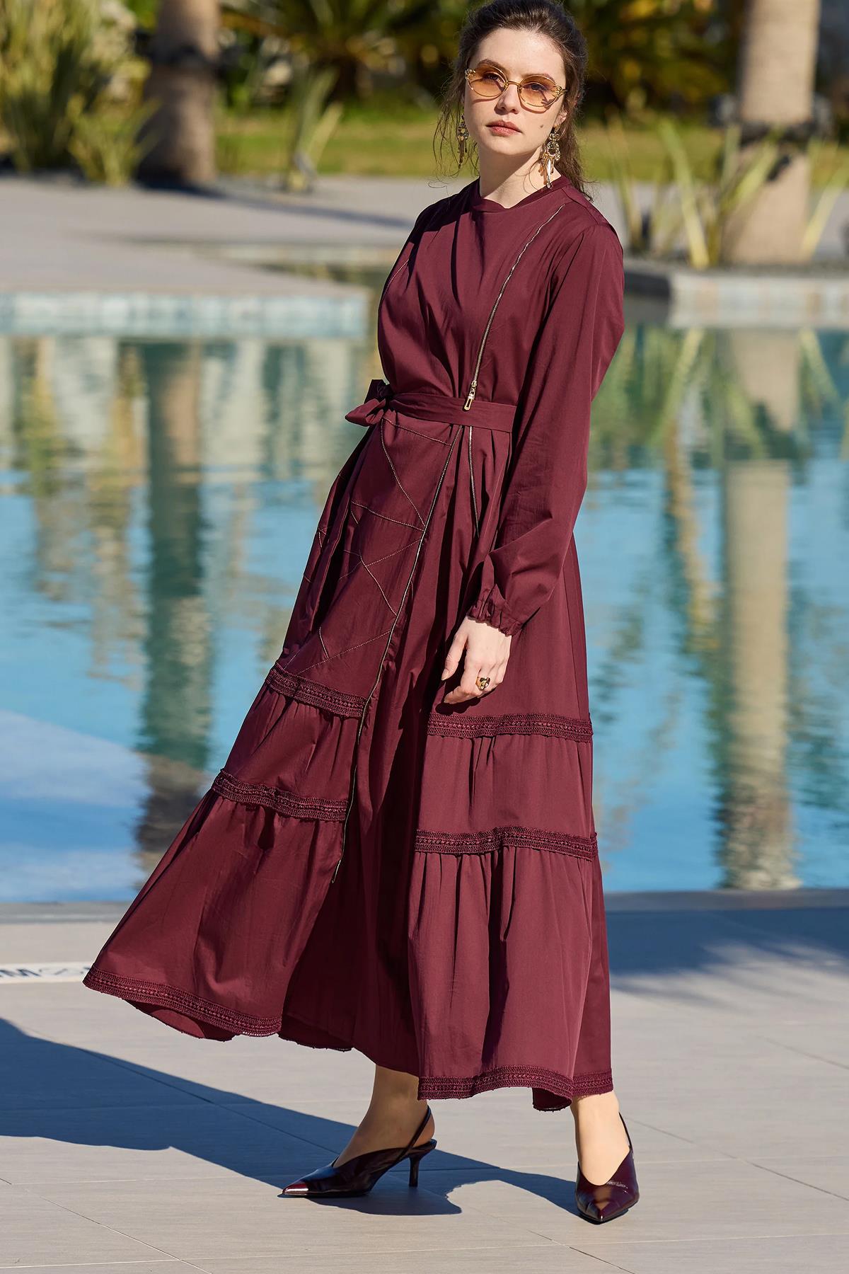 Beli Kuşaklı Fermuar Detaylı Patchwork Elbise