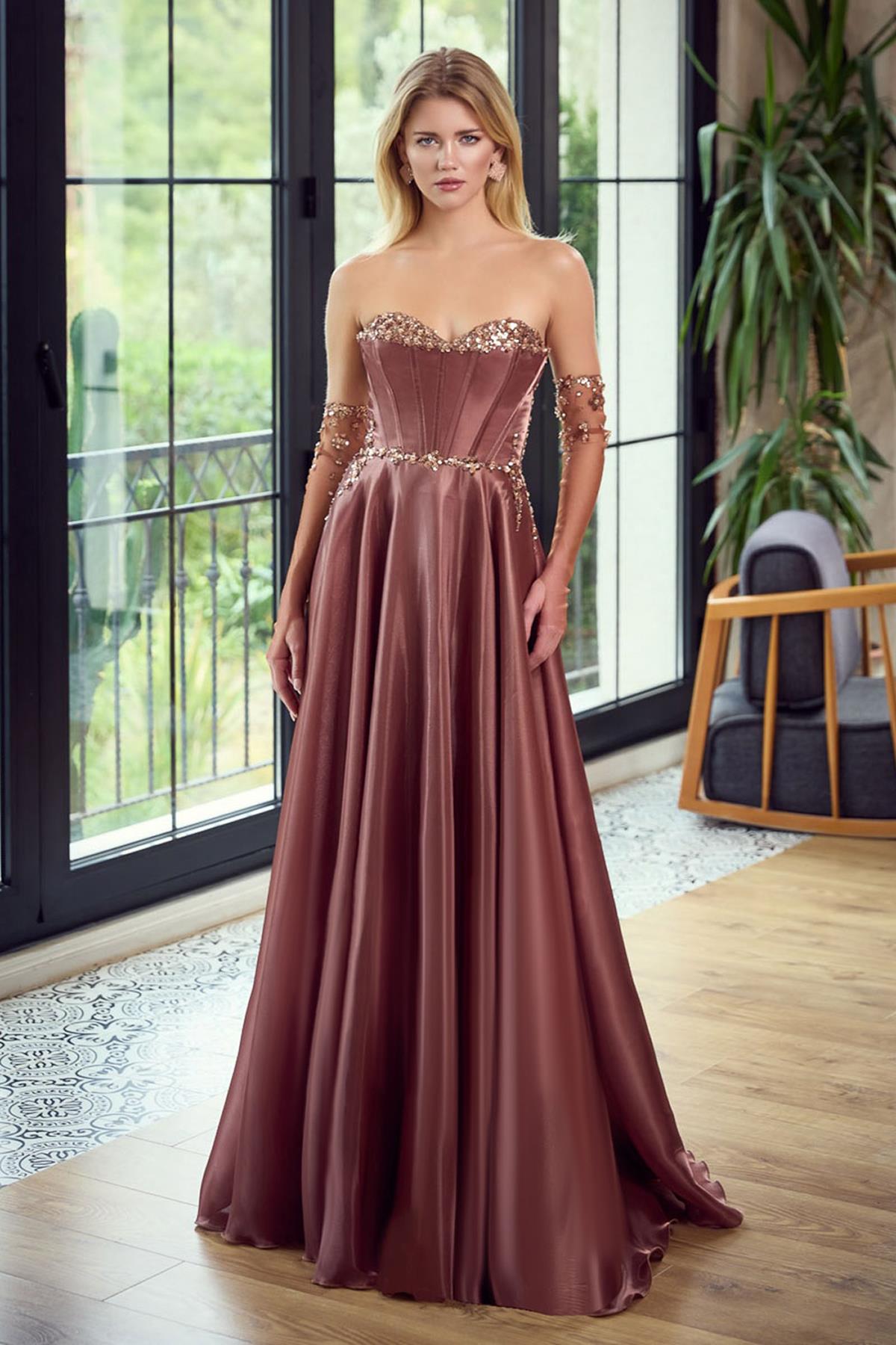 Göğüs Taş İşlemeli Eldiven Detaylı Parlak Abiye Elbise