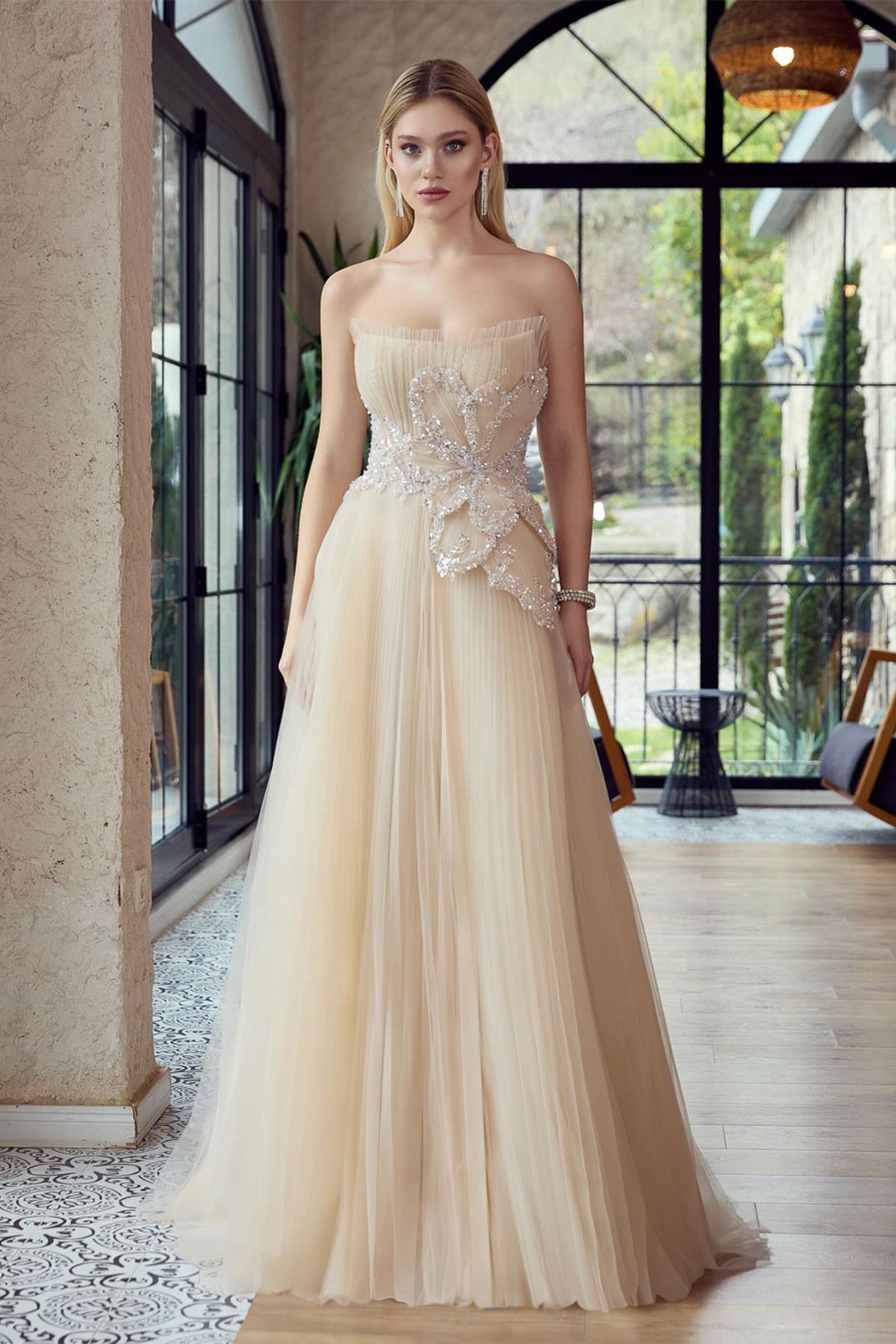 Taş İşlemeli Çiçek Detaylı Piliseli Tül Abiye Elbise