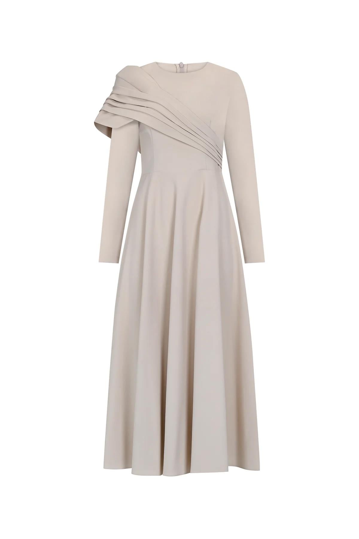 Shoulder Cross Pleat Detailed Long Evening Dress