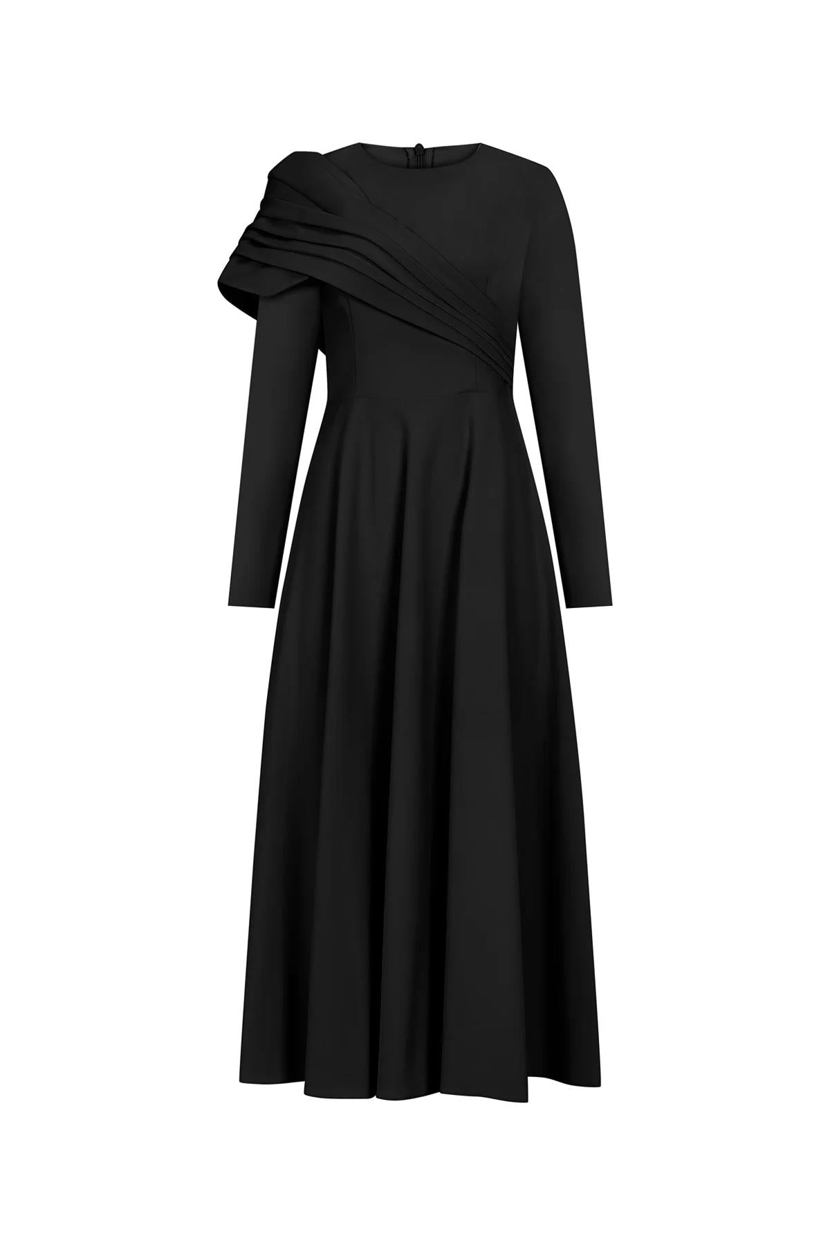 Shoulder Cross Pleat Detailed Long Evening Dress