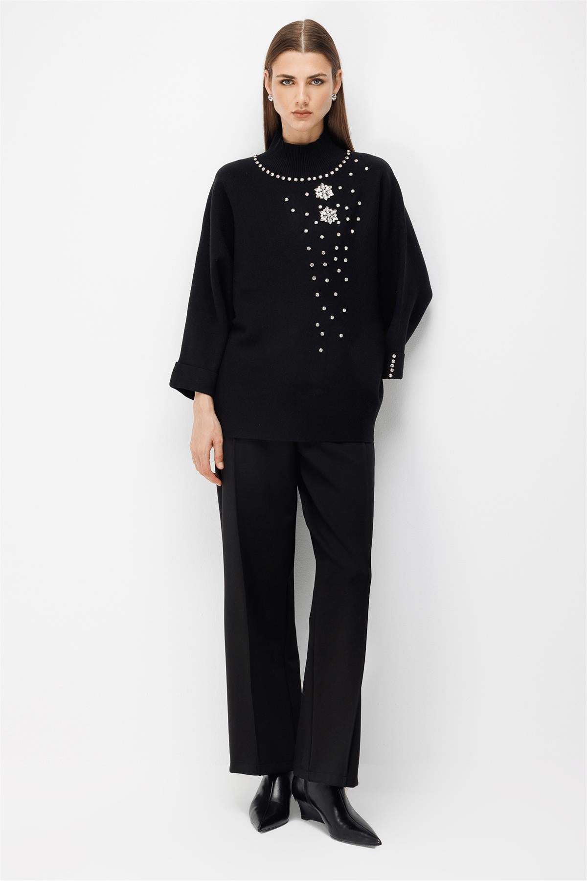 Stand-Up Collar Embellished Knit Sweater