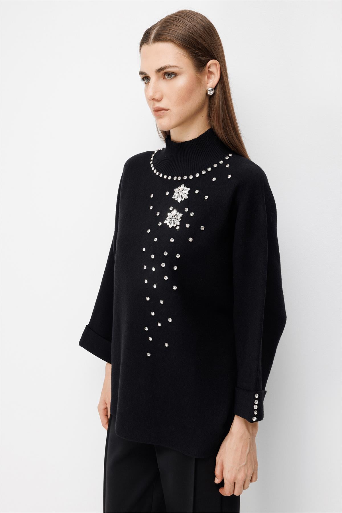 Stand-Up Collar Embellished Knit Sweater