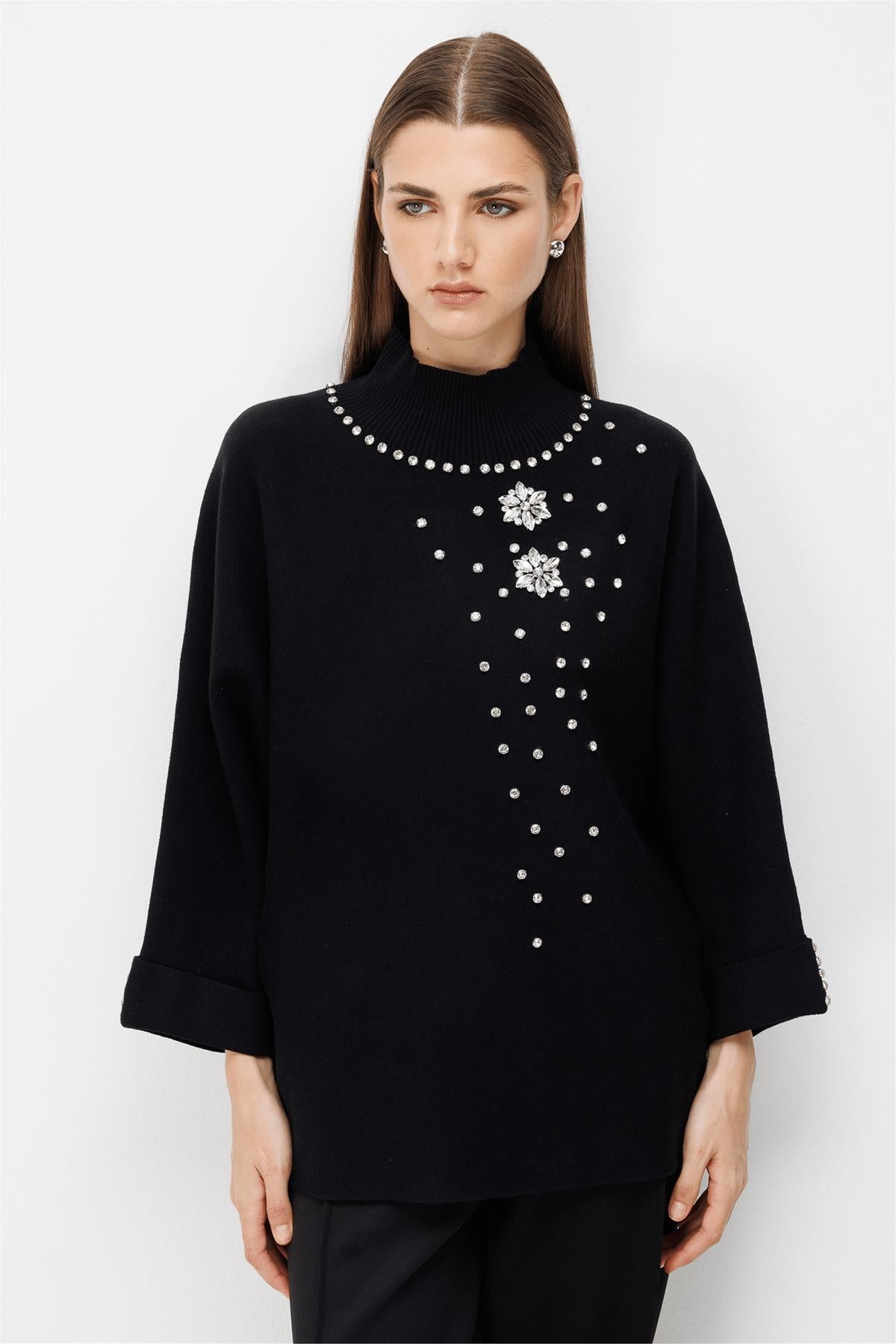 Stand-Up Collar Embellished Knit Sweater