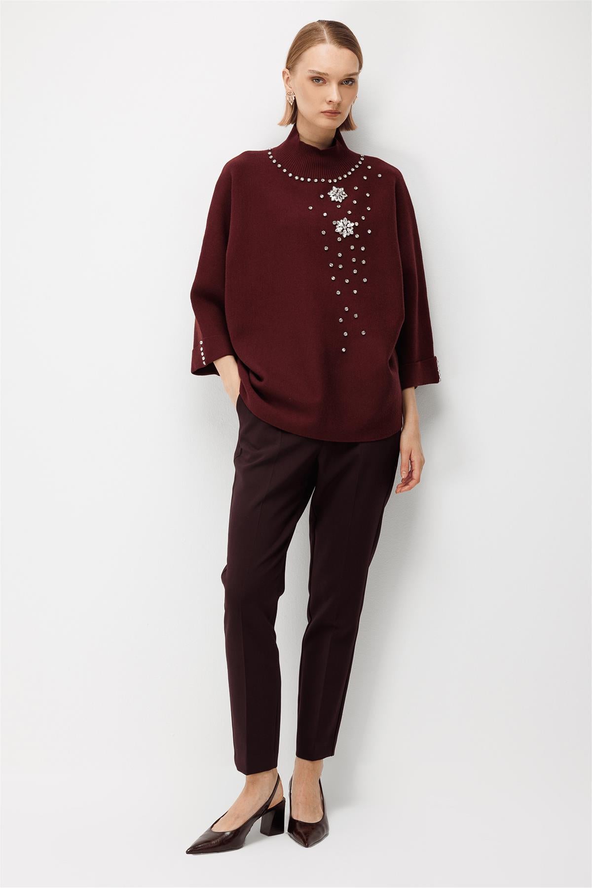Stand-Up Collar Embellished Knit Sweater