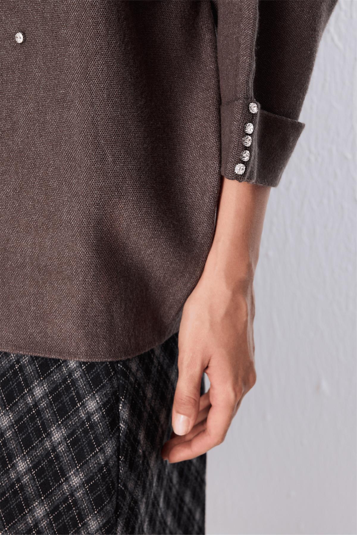 Stand-Up Collar Embellished Knit Sweater