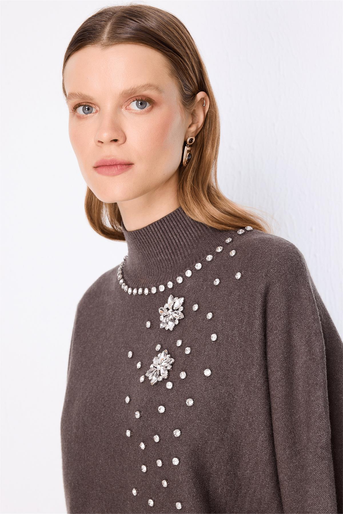 Stand-Up Collar Embellished Knit Sweater
