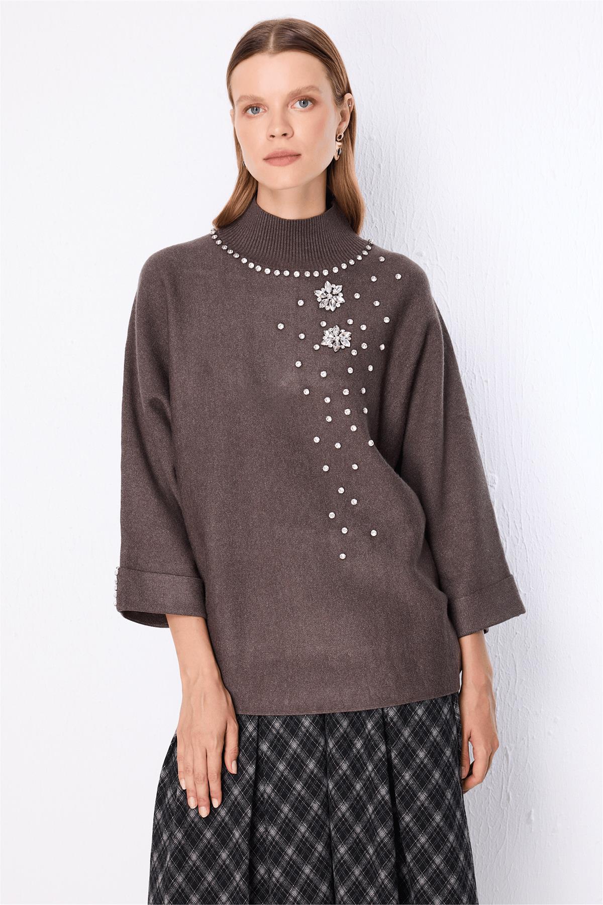 Stand-Up Collar Embellished Knit Sweater
