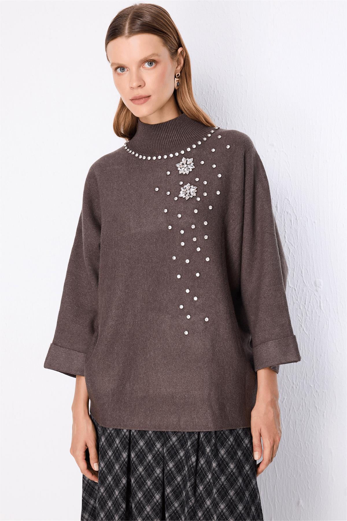 Stand-Up Collar Embellished Knit Sweater