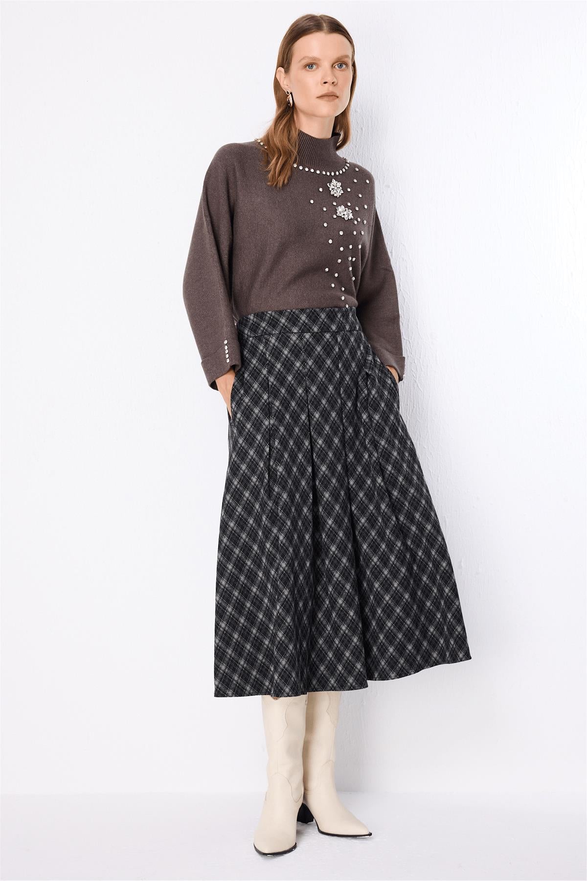 Stand-Up Collar Embellished Knit Sweater