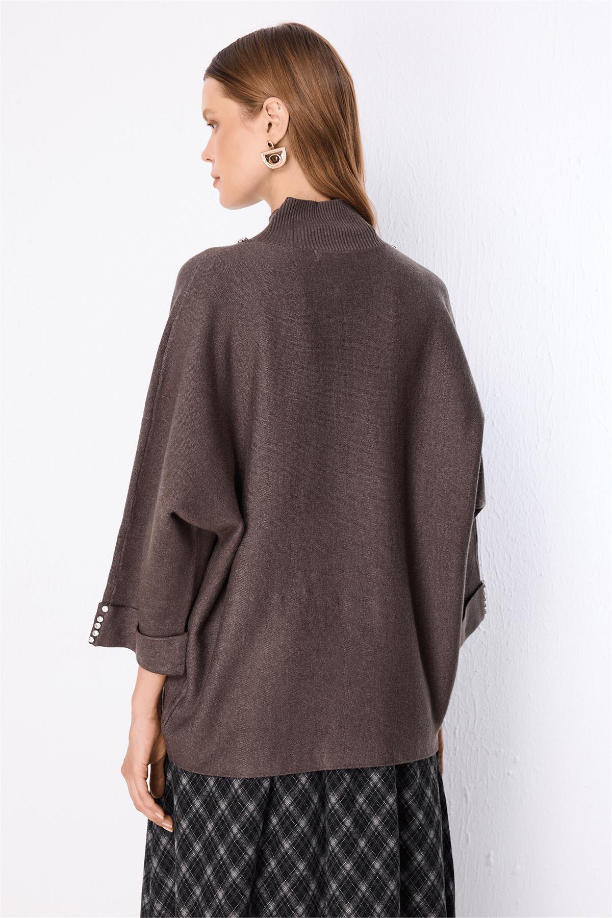 Stand-Up Collar Embellished Knit Sweater
