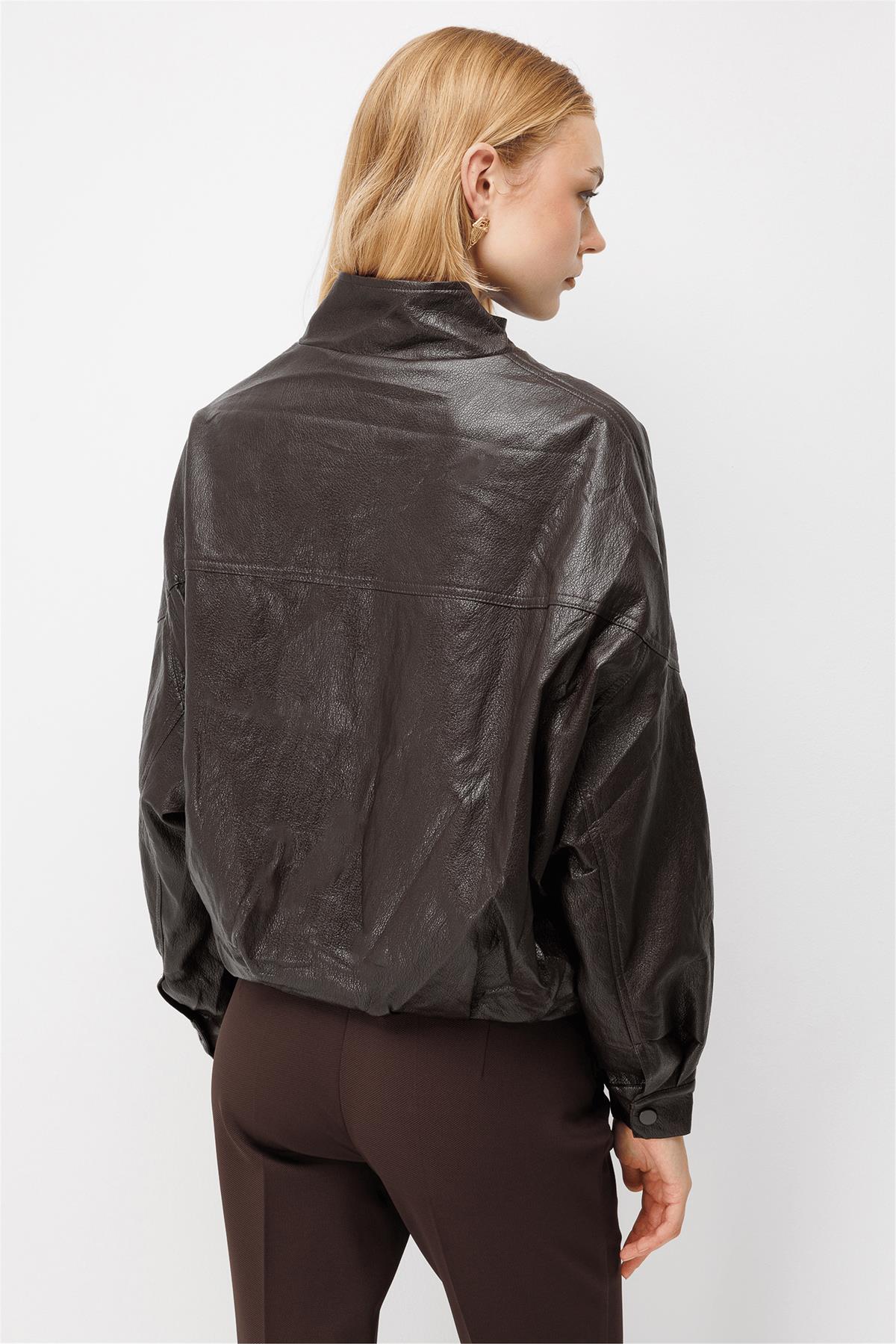 Dik Yaka Deri Bomber Mont