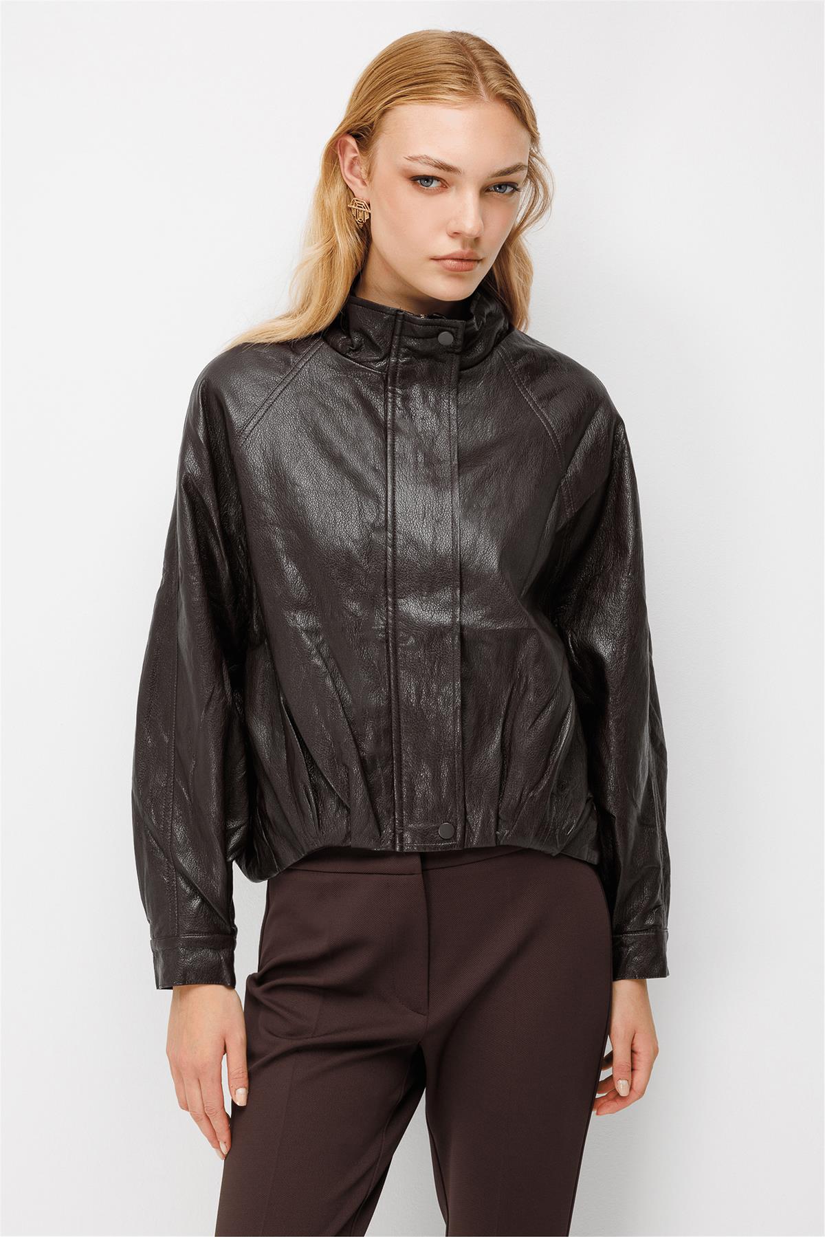 Dik Yaka Deri Bomber Mont