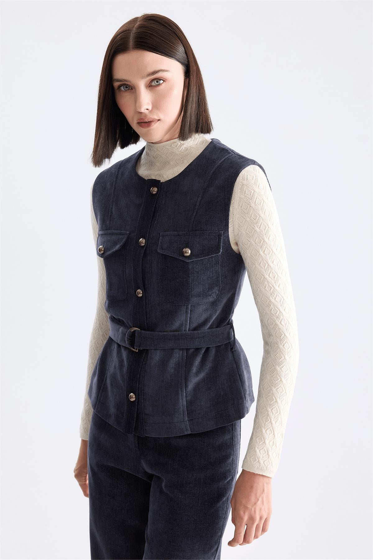 Waist-Belted Flap Pocket Vest