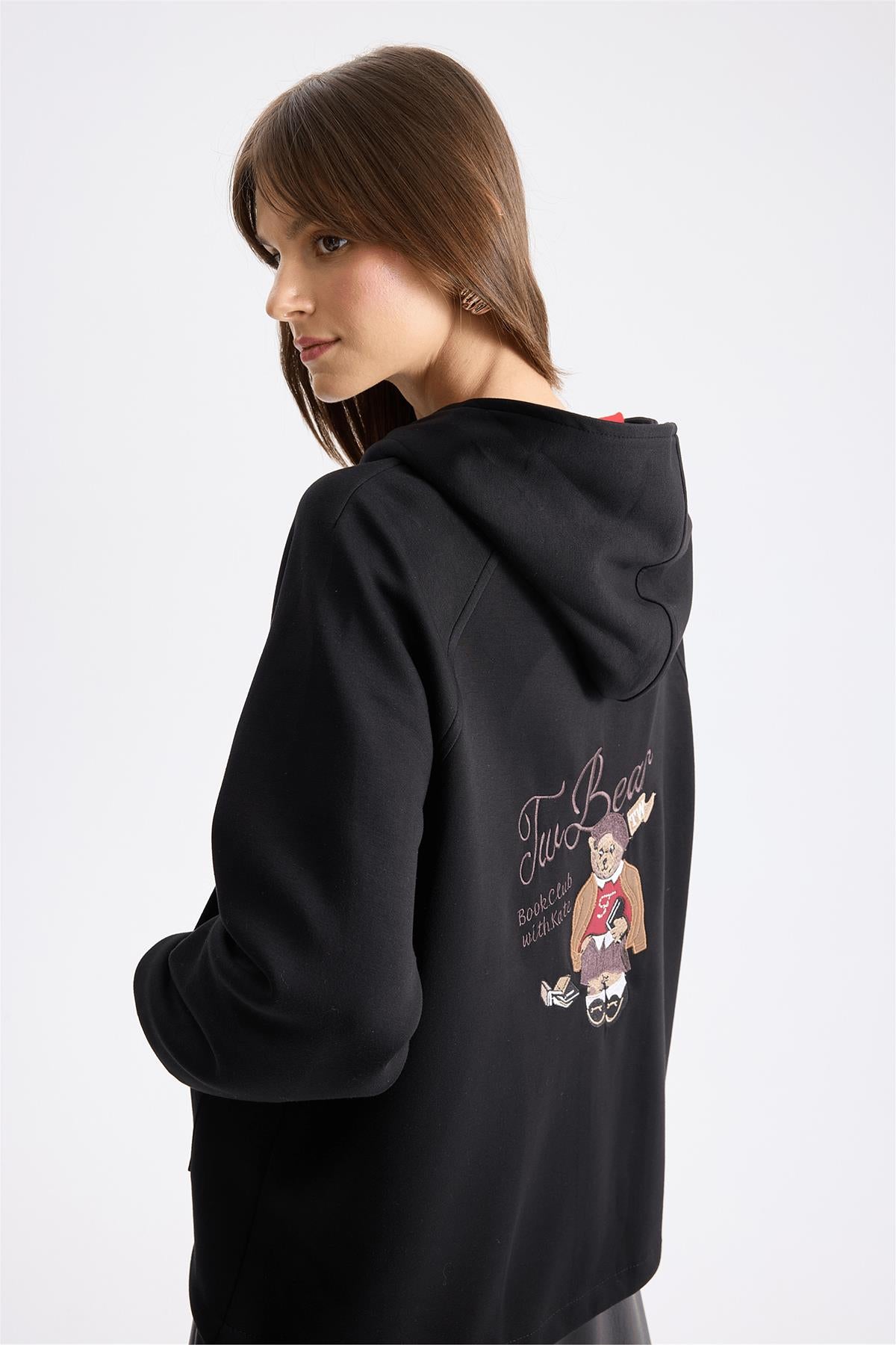 Kapüşonlu Arkası Desenli Fermuarlı Sweatshirt