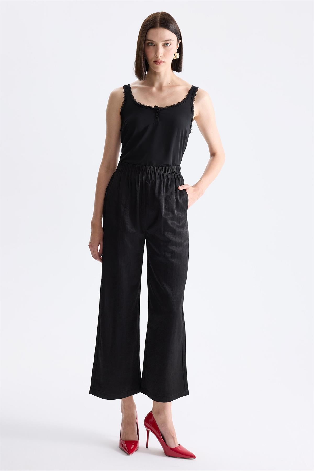 Elastic Waist Wide-Leg Trousers