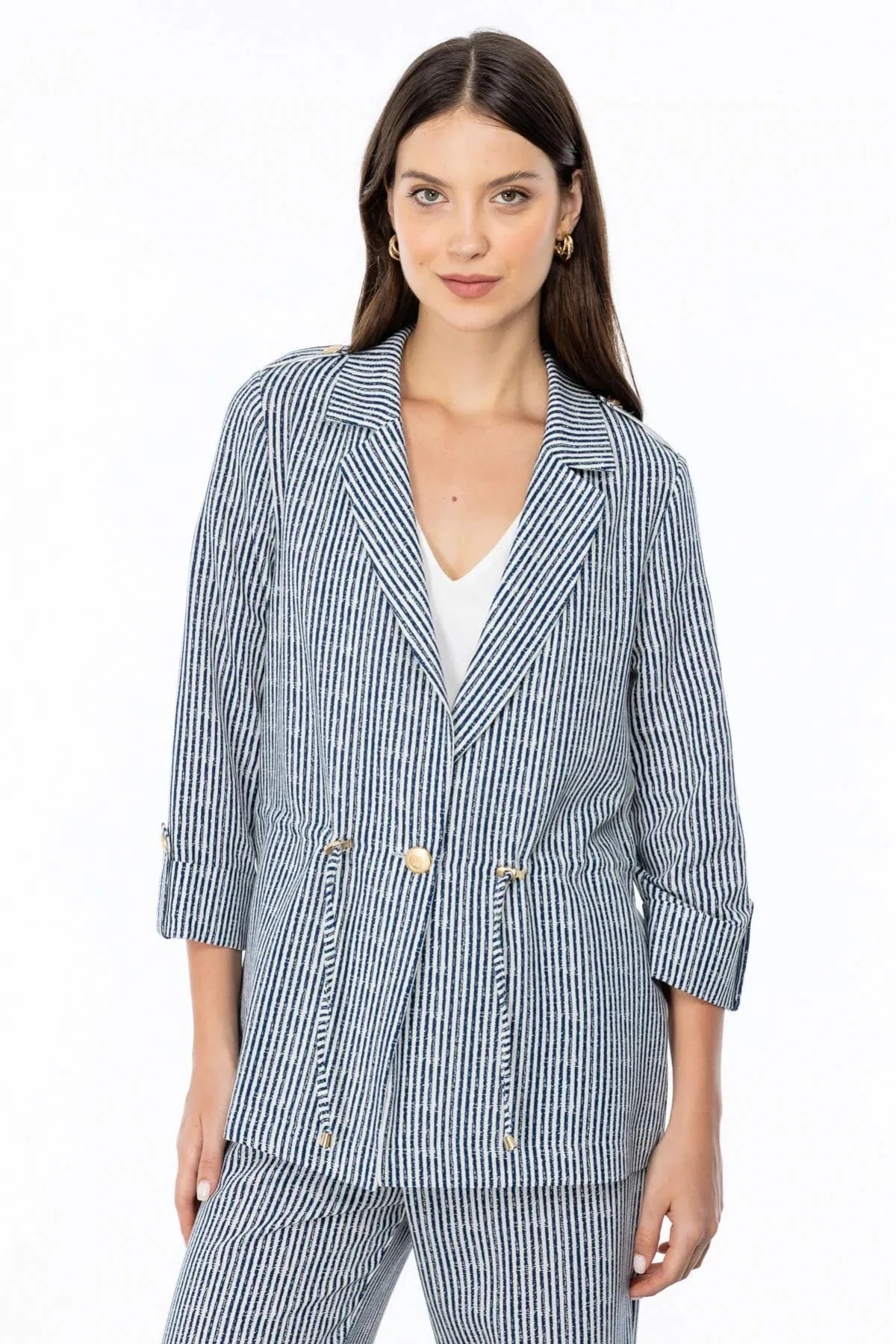 Self-Striped Waist Tie Buttoned Jacket