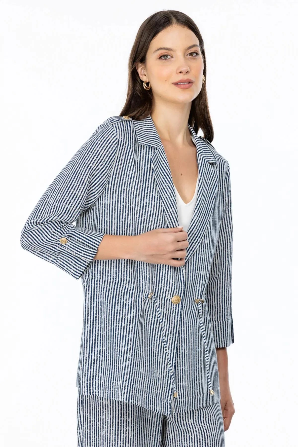 Self-Striped Waist Tie Buttoned Jacket